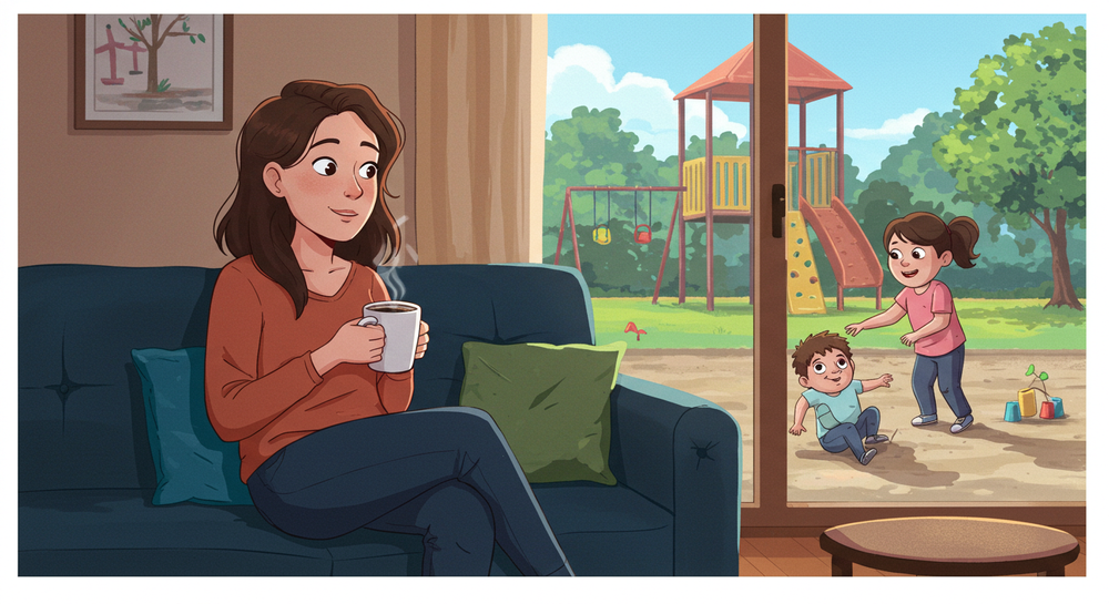 A parent relaxing with a cup of coffee while children play outside with a caregiver