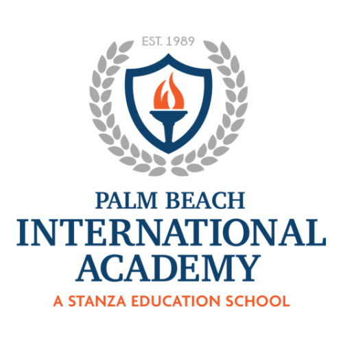Logo of Palm Beach International Academy with a torch inside a shield, laurel branches, and text indicating establishment in 1989, a Stanza Education School.