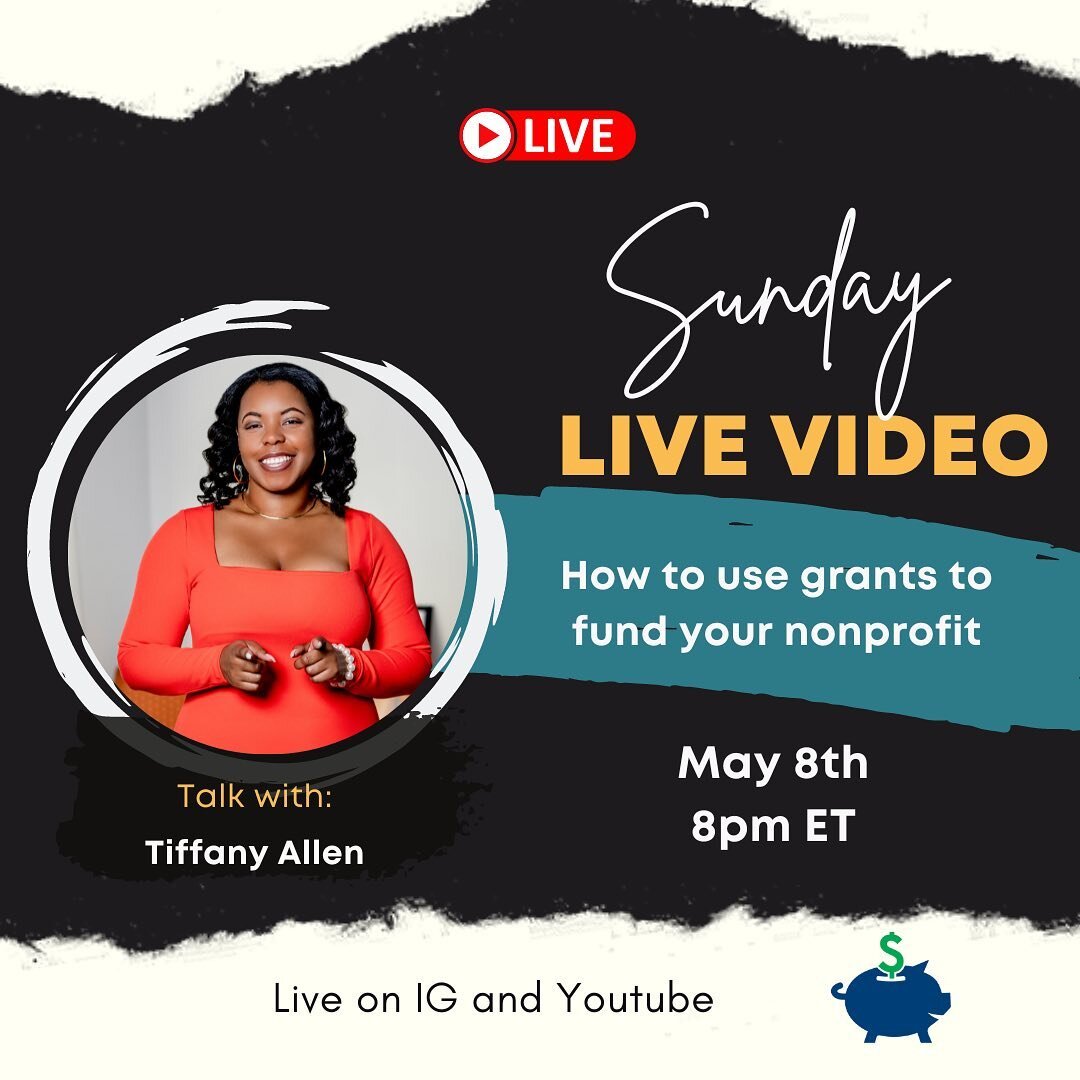 This week's live will be on Monday instead of Sunday! We're going to discuss how to use grants as one strategy to fund your nonprofit. While grants should never be your only strategy, they can prove to be very helpful, especially during the startup p