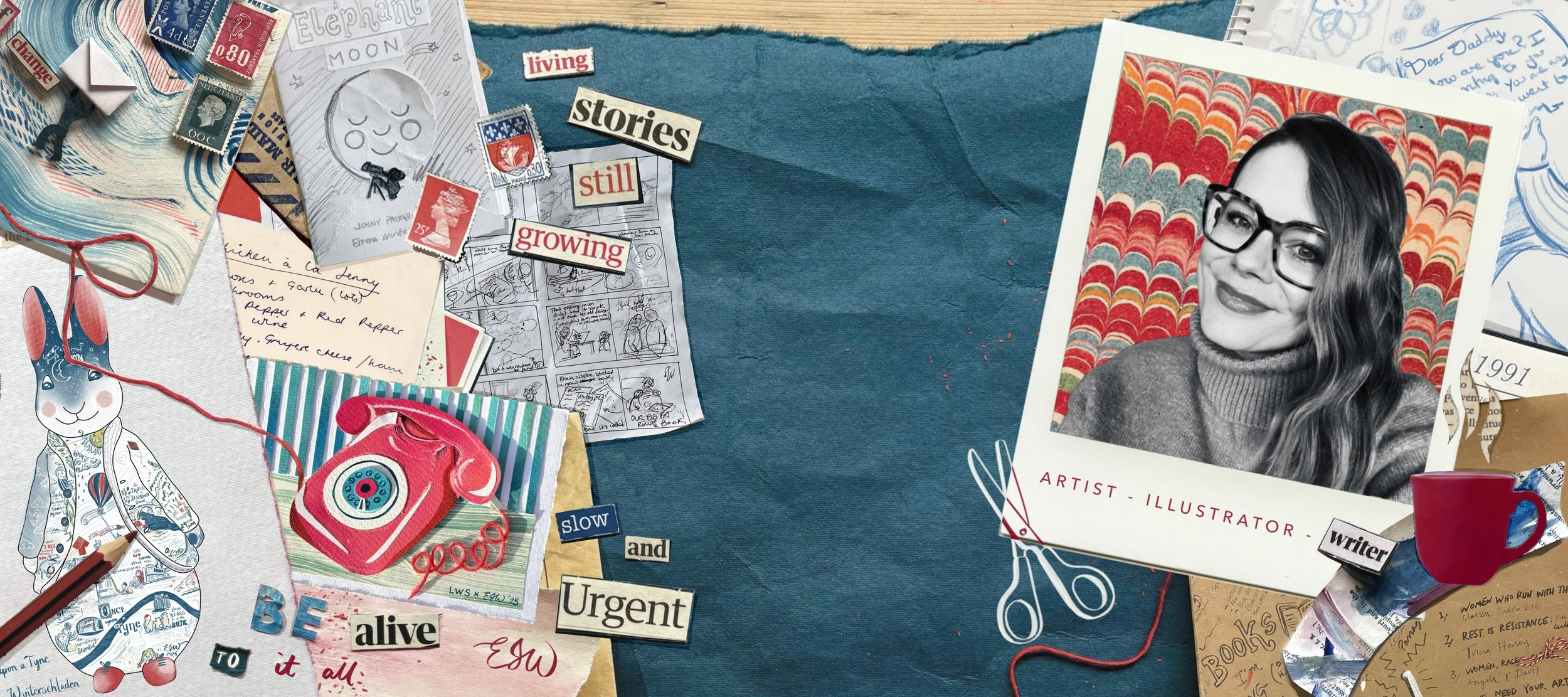 Collage of miscellaneous items including a black and white portrait of a woman wearing glasses, vintage stamps, handwritten notes, colorful scrapbook elements, a red rotary phone, a toy rabbit illustration, fabric swatches, and scattered words like 'living,' 'stories,' 'still,' 'growing,' 'urgent,' and 'alive.'