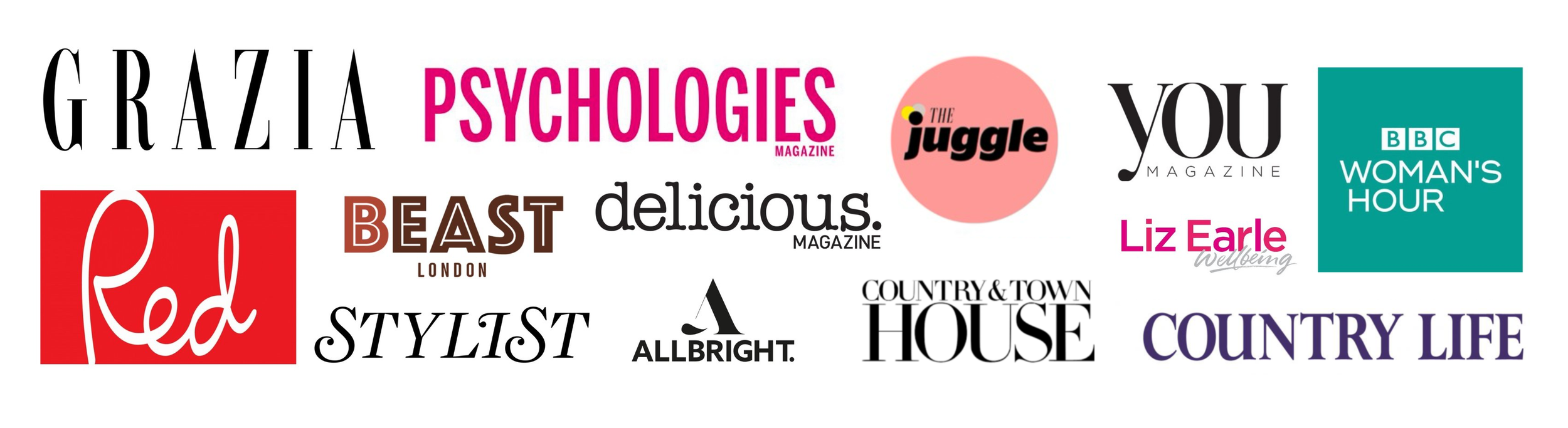 Magazine logos including Grazia, Psychologies, The Juggle, You Magazine, BBC Woman's Hour, Liz Earle Wellbeing, Red, Delicious, Beast London, Stylist, AllBright, Country & Town House, and Country Life.