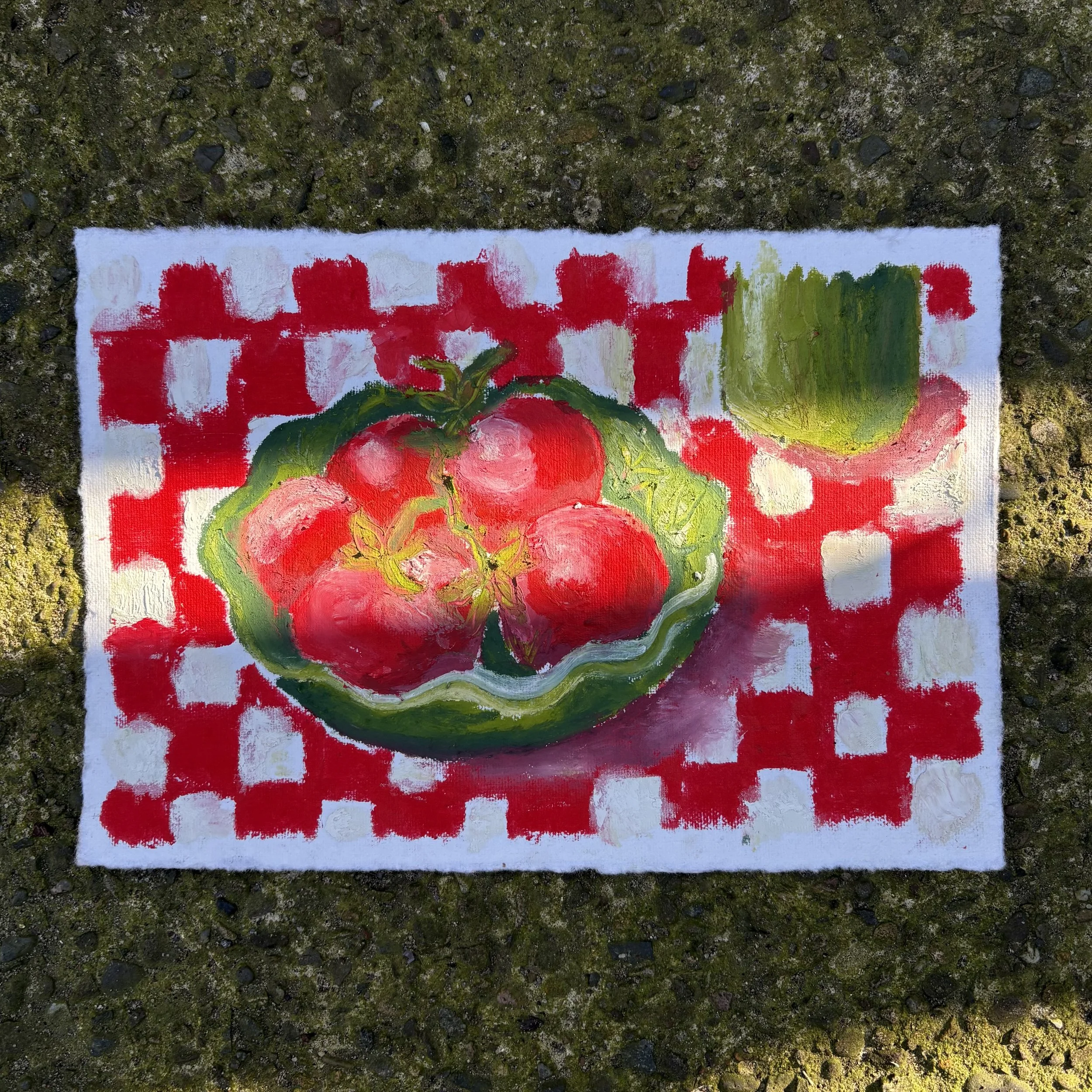 SOLD // 'Always Salt Your Tomatoes', 2026 - Original (A5, oil pastel + pencil on handmade paper)
