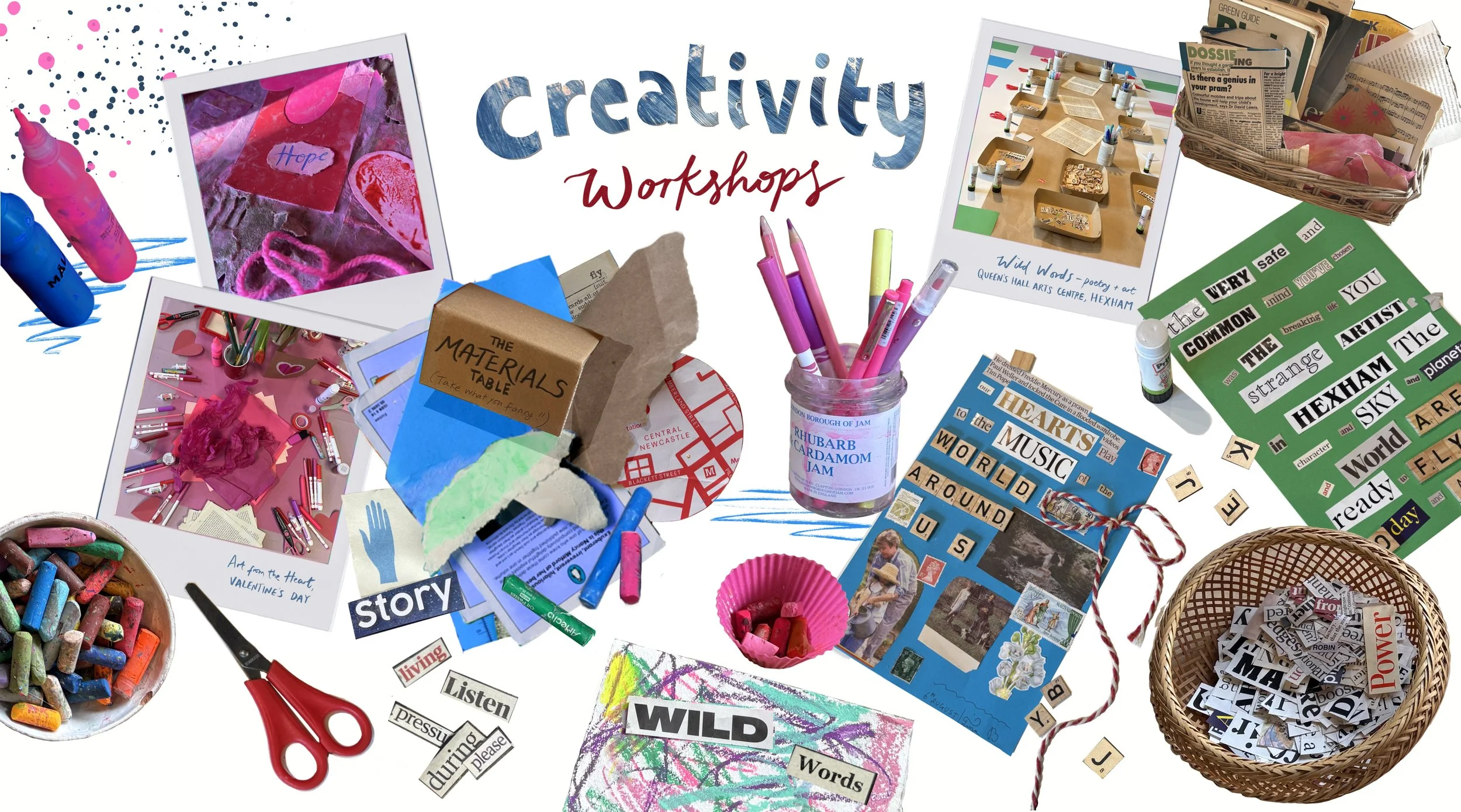 Creativity workshops by Emma Winterschladen, collage of craft supplies and artwork at a creative workshop, including glue bottles, scissors, paper, labels, photos, and decorations on a table.