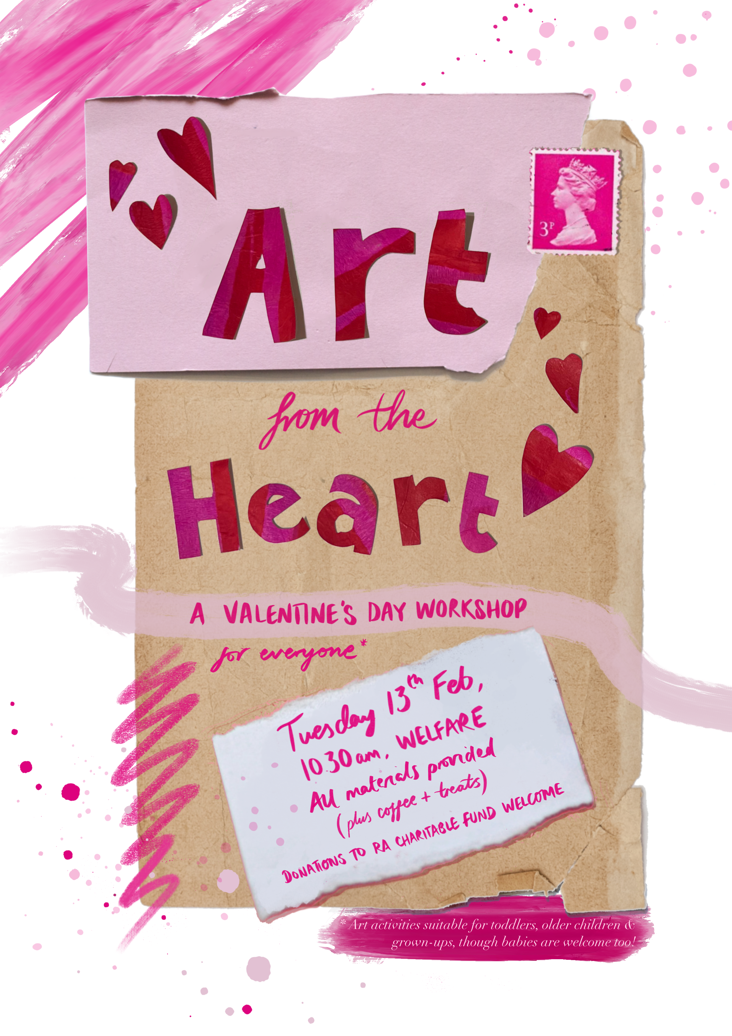 A handmade collage poster by Emma Winterschladen advertising a Valentine's Day workshop called 'Art from the Heart' with pink and red hearts, a pink postage stamp and handwritten notes about the event details