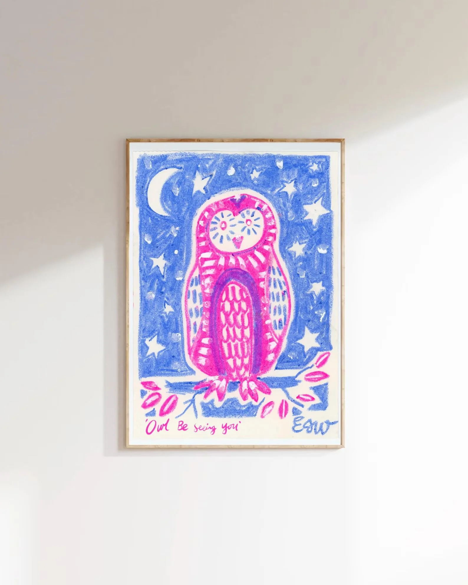 Bright naive artwork by Emma Winterschladen depicting an owl on a branch with pink leaves. The background is blue with white stars and a crescent moon. Text at the bottom reads 'Owl Be Seeing You'.
