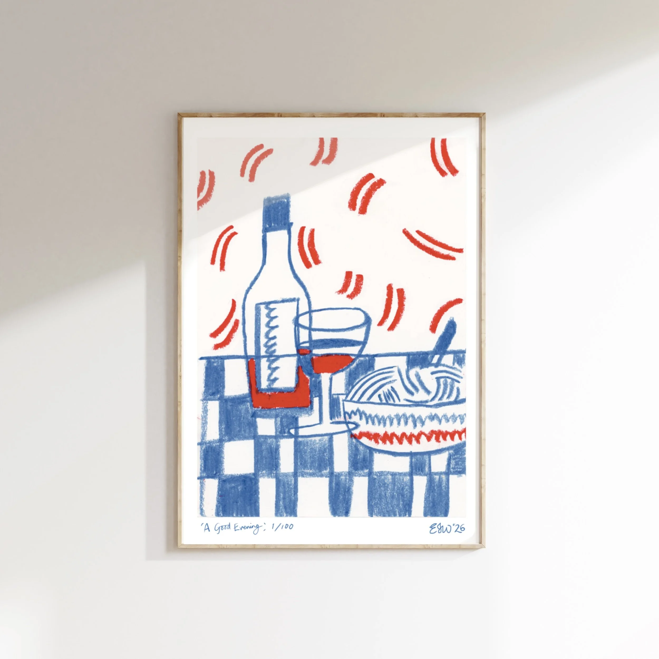A framed abstract finie art print artwork by Emma Winterschladen featuring blue and red curved lines and geometric shapes on a white background, with handwritten text at the bottom reading 'A Good Evening': 1/100 and initials 'EJW '26'.