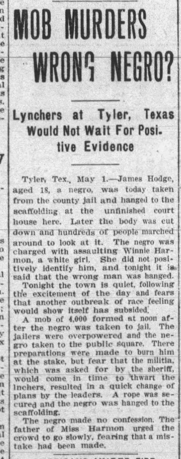 1909 - Mob of 4000 murders James Hodge.jpg