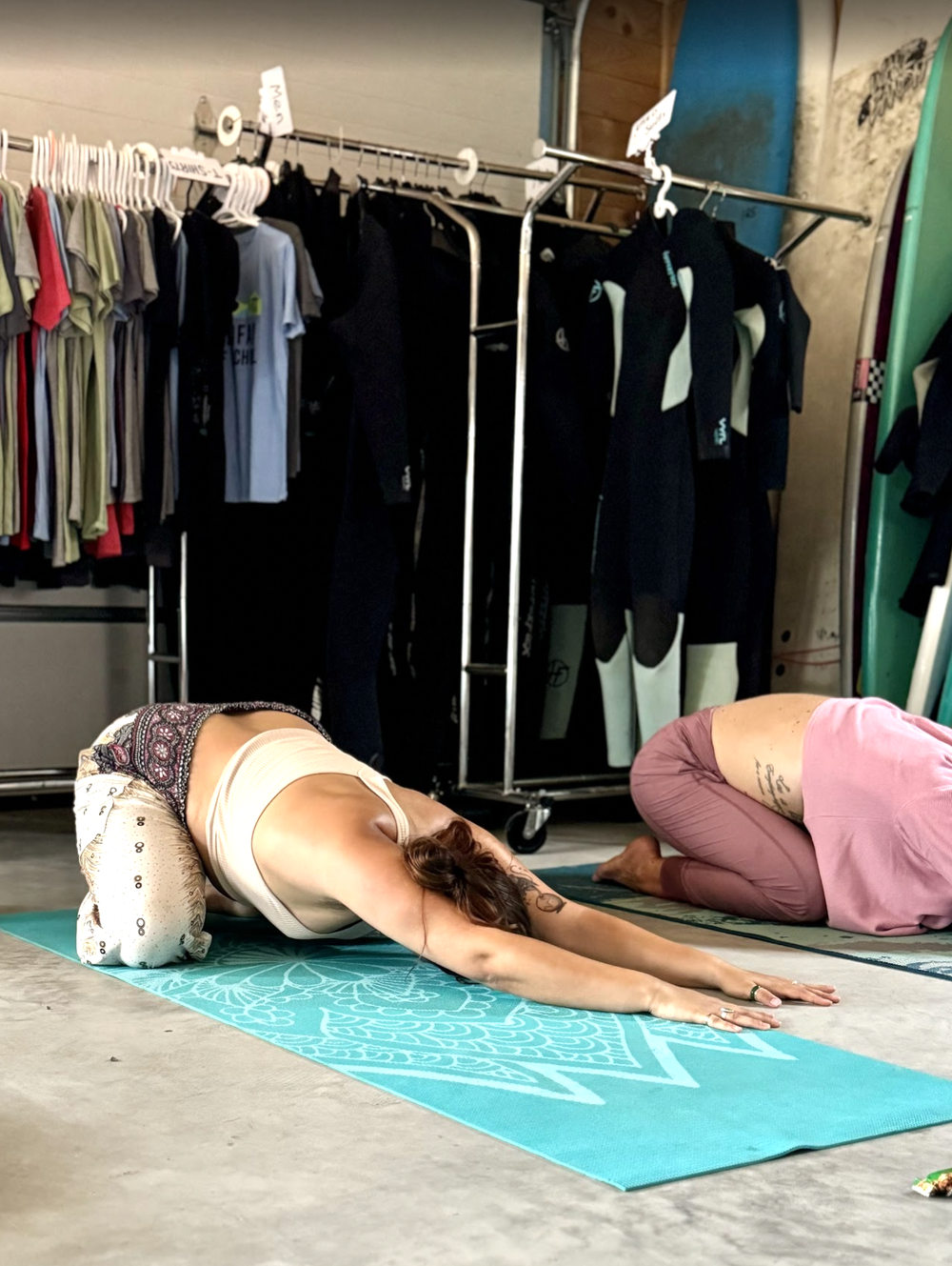 yoga in the surf shop, weather permitting