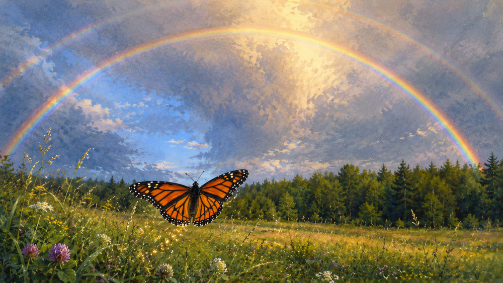illustration of a butterfly and a rainbow over the camp shore
