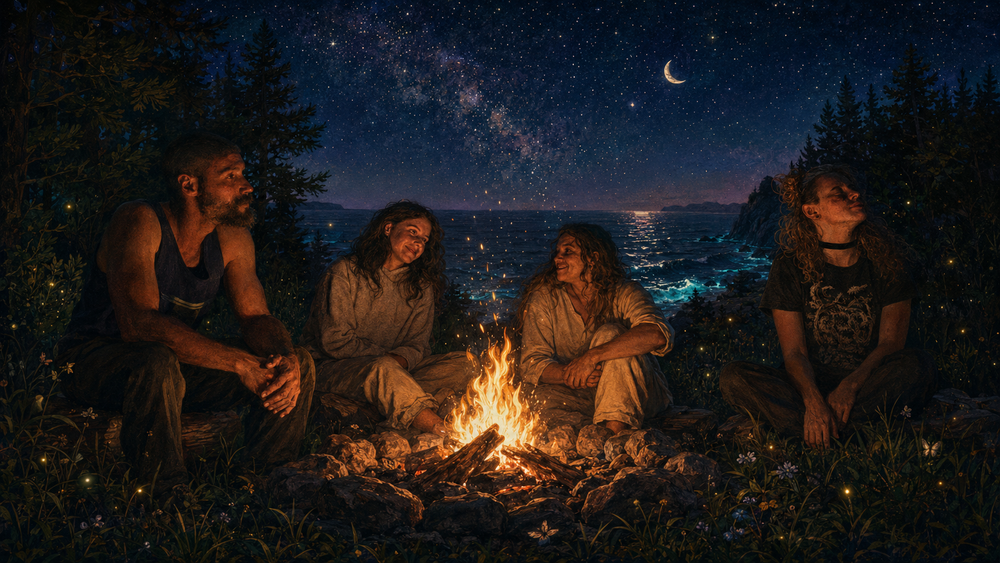illustration of campers gathered around the campfire at night