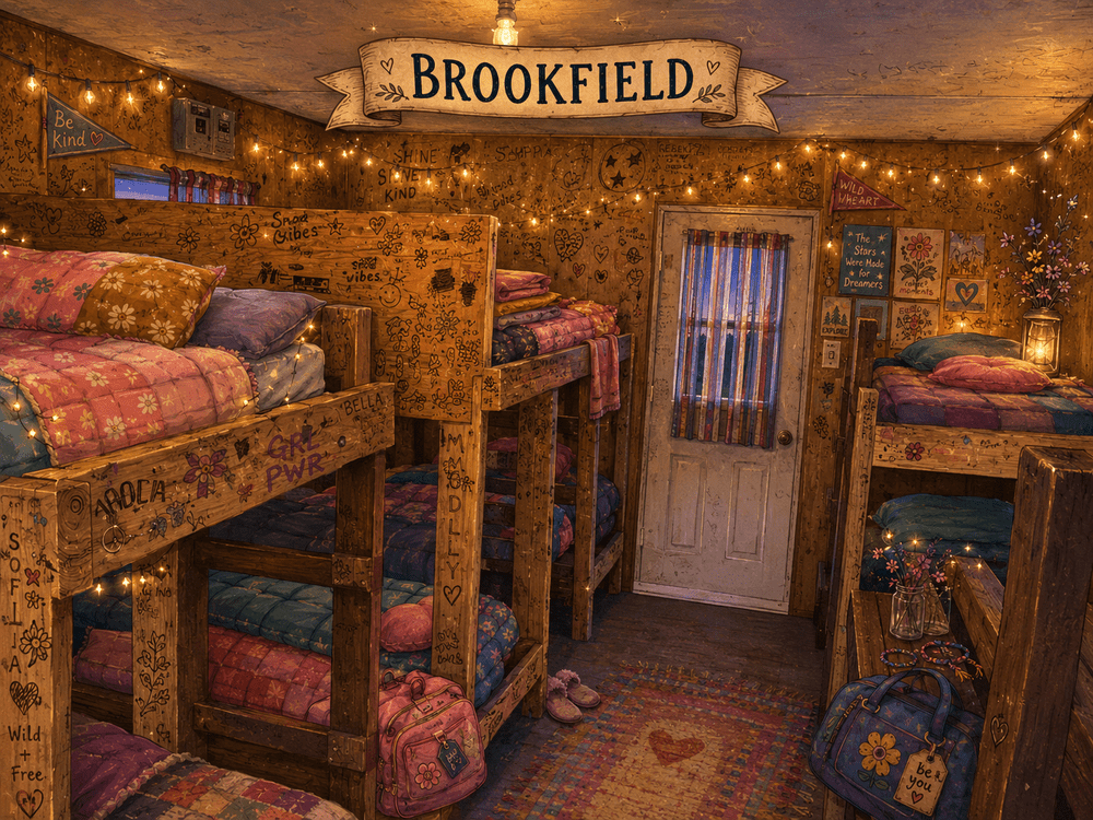 illustration of the brookfield cabin interior, bunks made up and ready