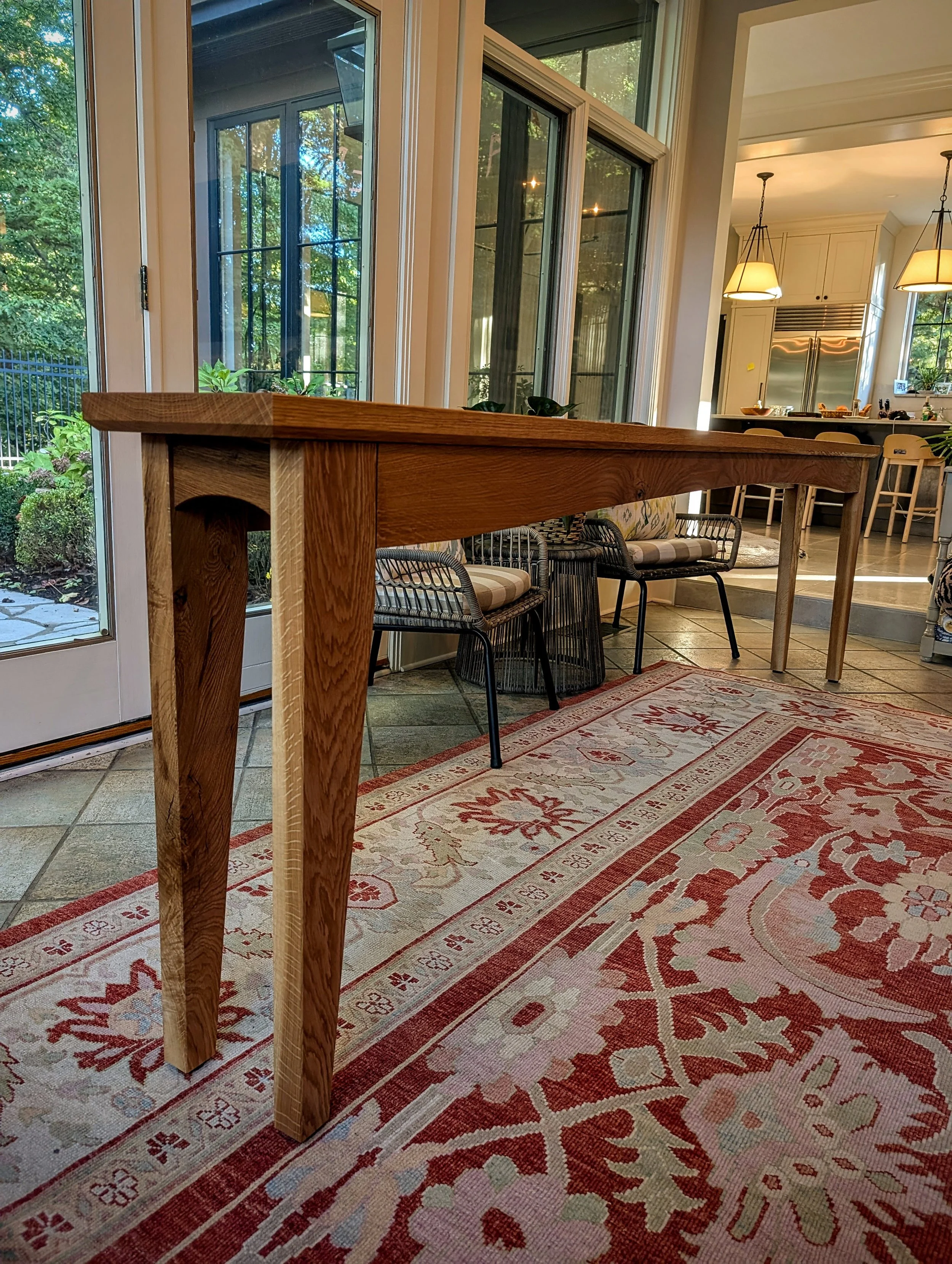 Our Sulgrave Table.  This one is solid white oak.  Different sizes available, this one is quite long at 110".  Perfect for a sofa table or long entry way. 