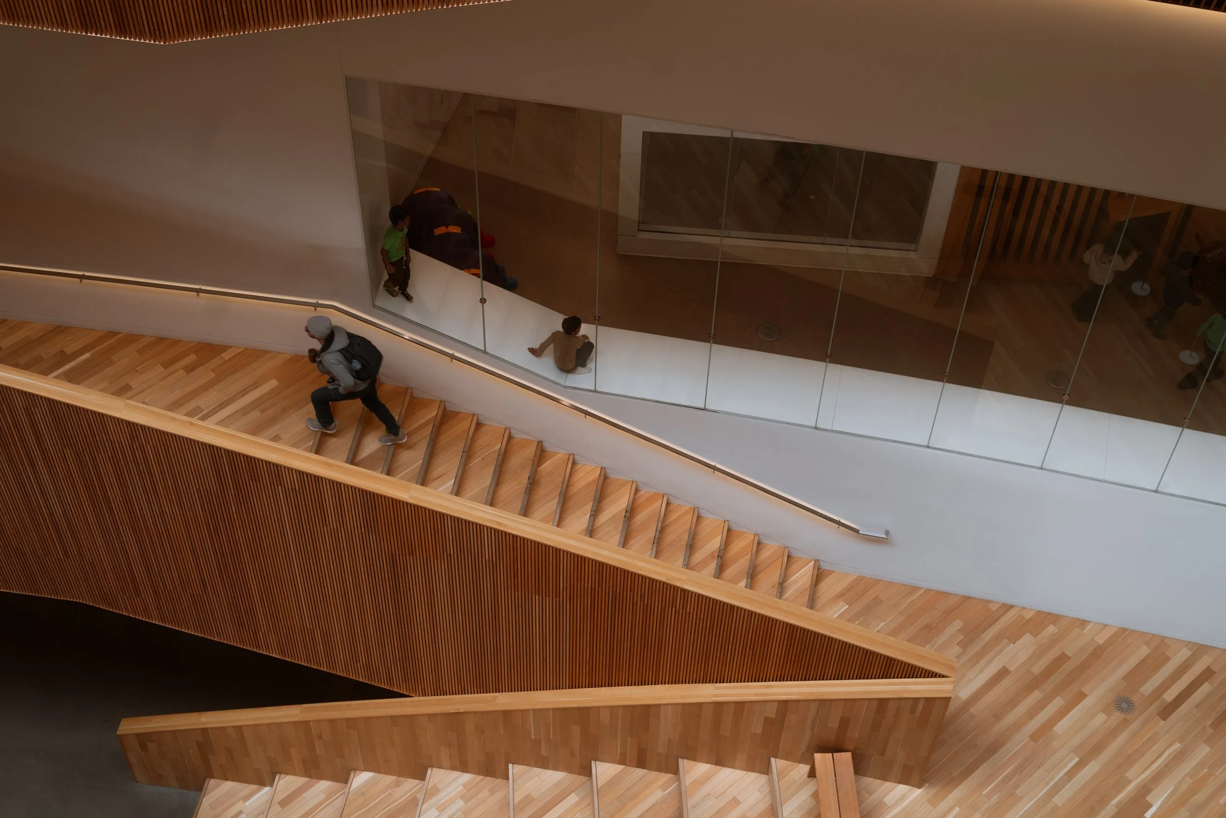 Calgary Central Library interior staircase viewed from above, showing wood construction, angled circulation, and separation between levels through glass overlooking the children’s area.