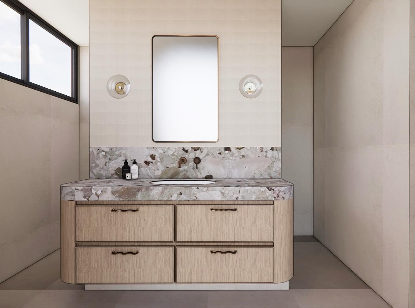 A soft, tonal palette and refined detailing bring a quiet luxury to this bathroom space.

The custom vanity is anchored by an expressive stone benchtop, and subtle curved cabinetry, elegant wall lights (yet be locked in!) and chic tapware.. she is GO