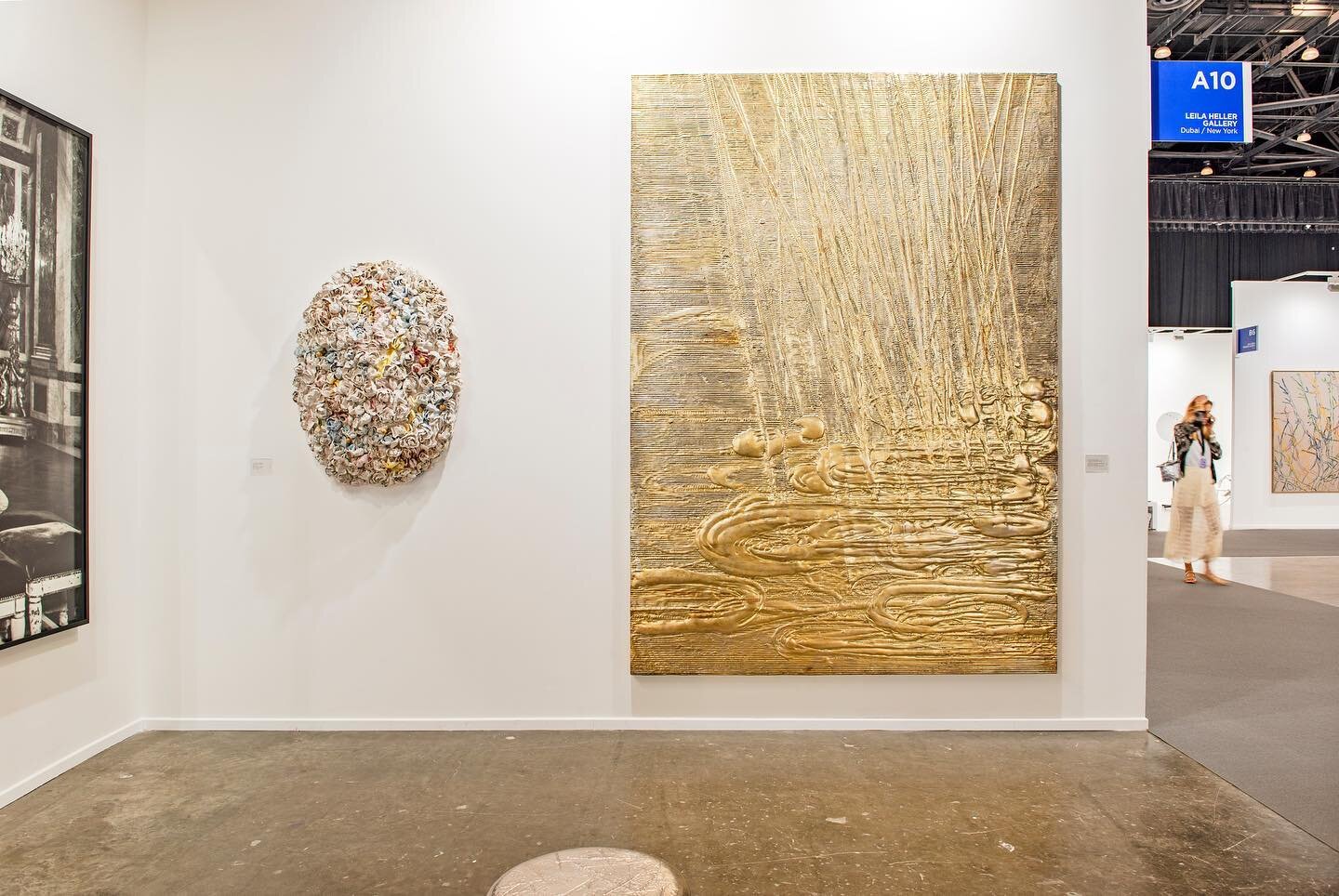 Throwback to shooting @leilahellergallery &rsquo;s booth at @artdubai 2019.

Artworks in this photo:
@nancylorenzstudio . Moon Gold Mountain, 2018. Moon gold leaf, clay and cardboard on wood panel. 260 x 183 cm. + Gold Grass and Resin Drop Screen, 20
