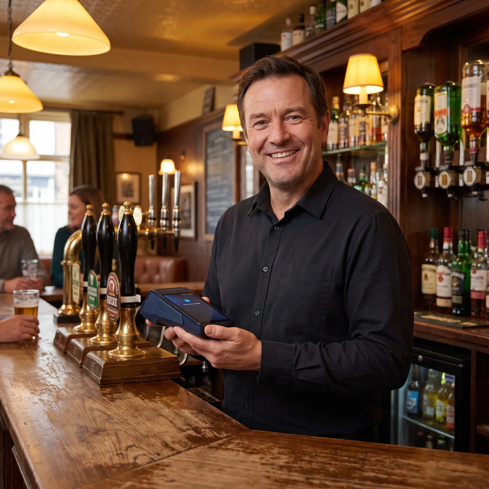 Pub manager holding an eMenu smart card machine behind the bar