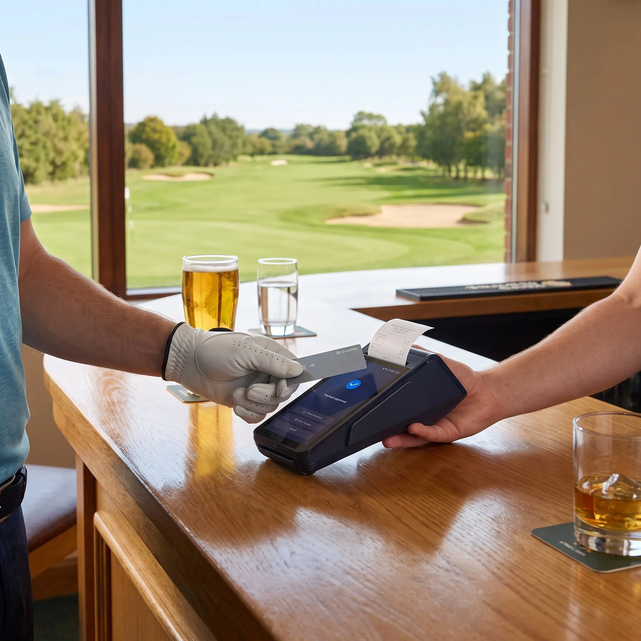 Golfer paying by contactless card on an eMenu card machine at the clubhouse bar