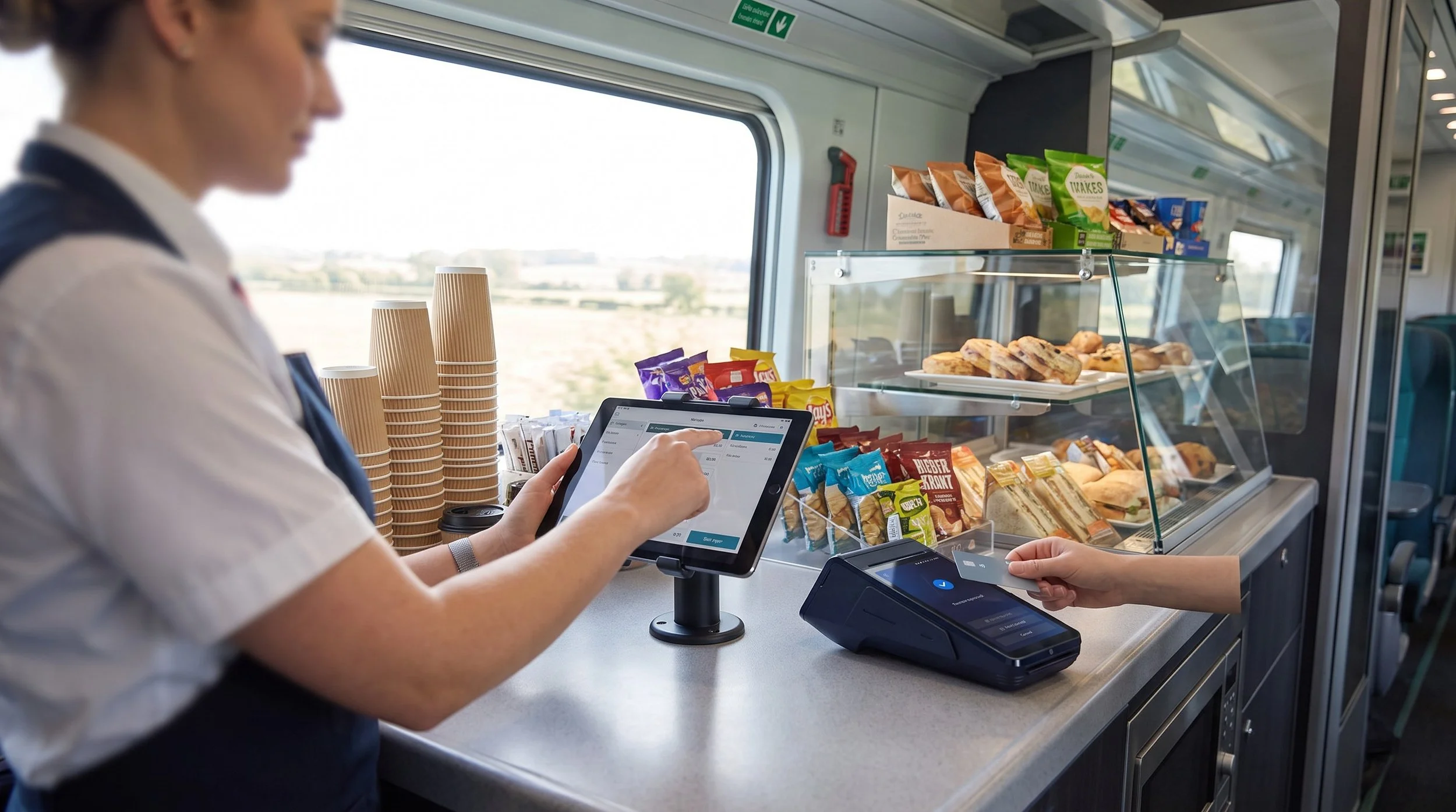 Onboard crew member using eMenu ePOS on a tablet with a smart card machine at a train buffet counter