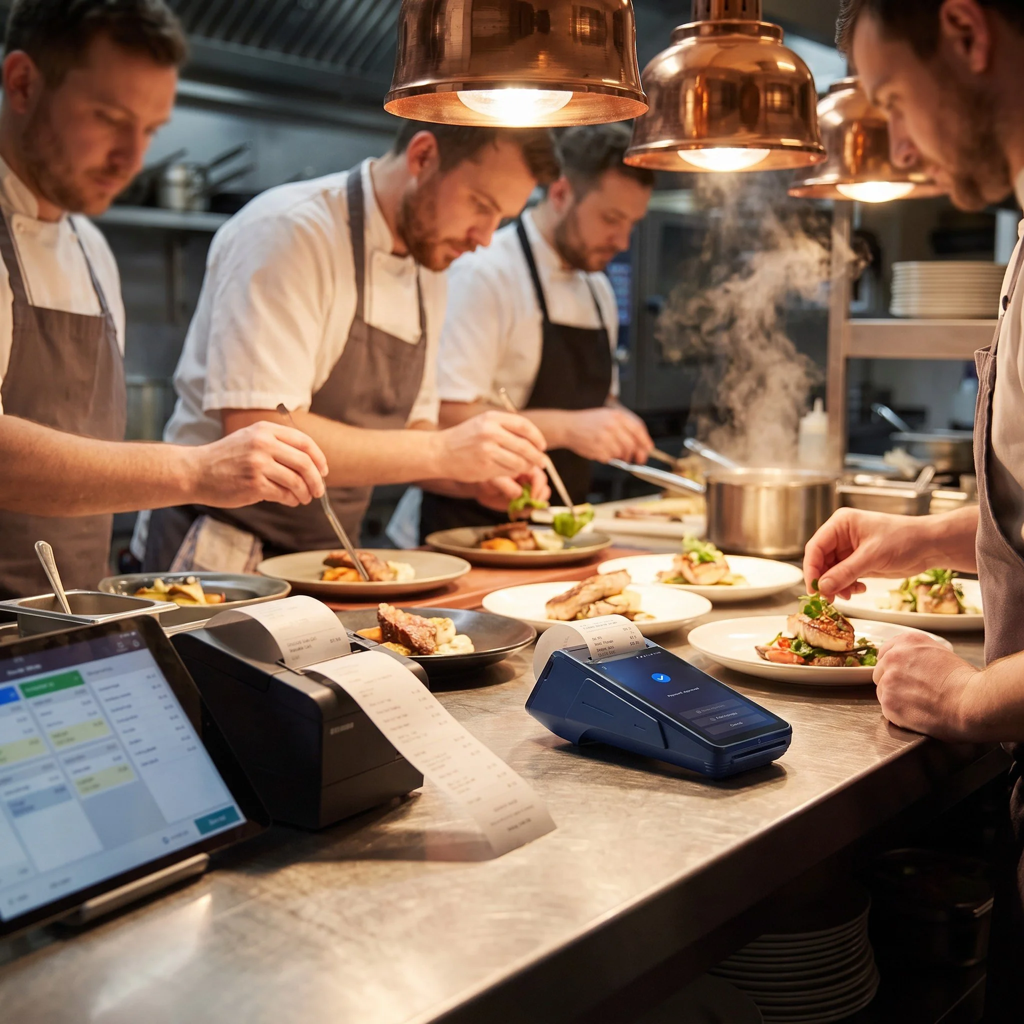 Restaurant kitchen receiving orders on eMenu ePOS with a card machine at the pass