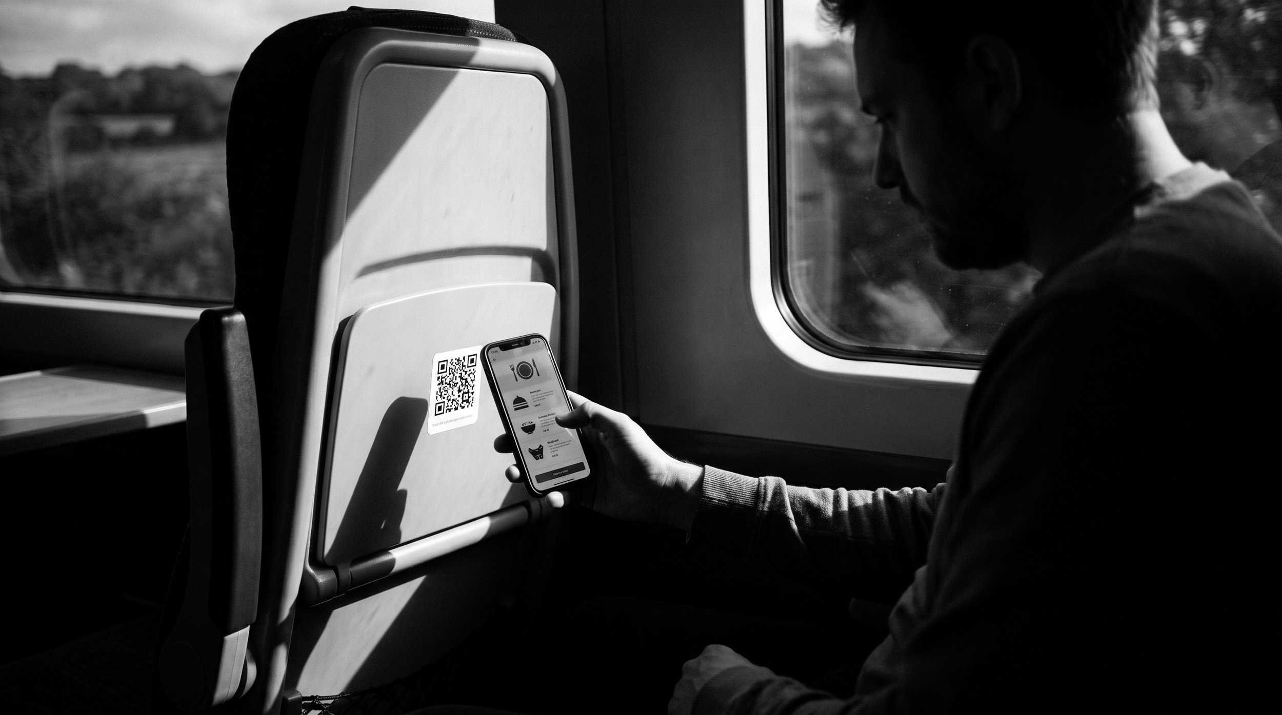 Passenger scanning a seat QR code to order and pay from their phone on a train