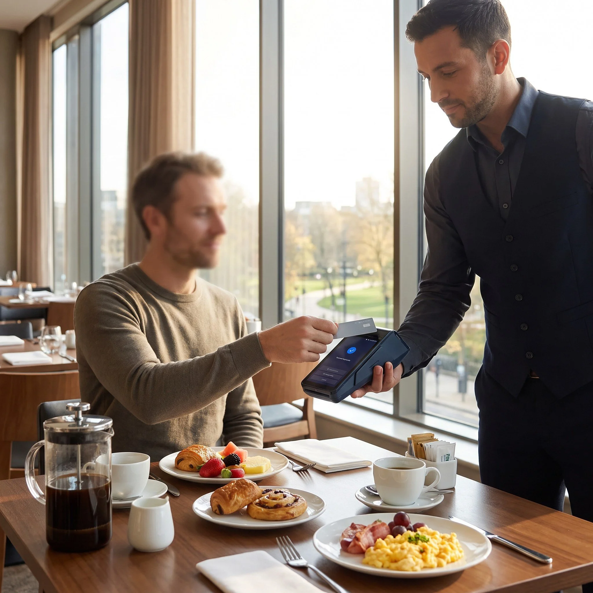 Guest paying by contactless card on an eMenu smart card machine at hotel breakfast