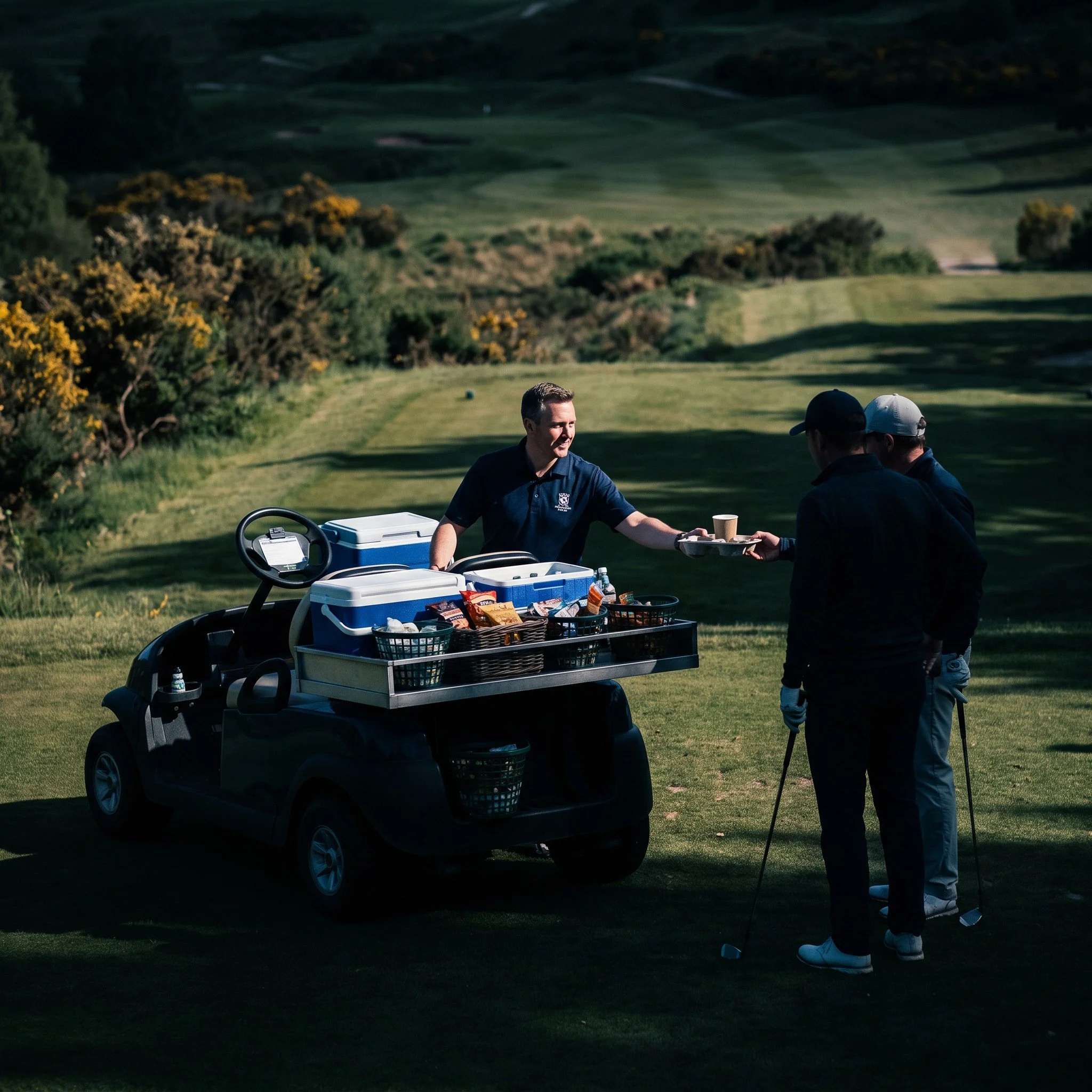 Golf club staff delivering drinks and snacks to players by buggy