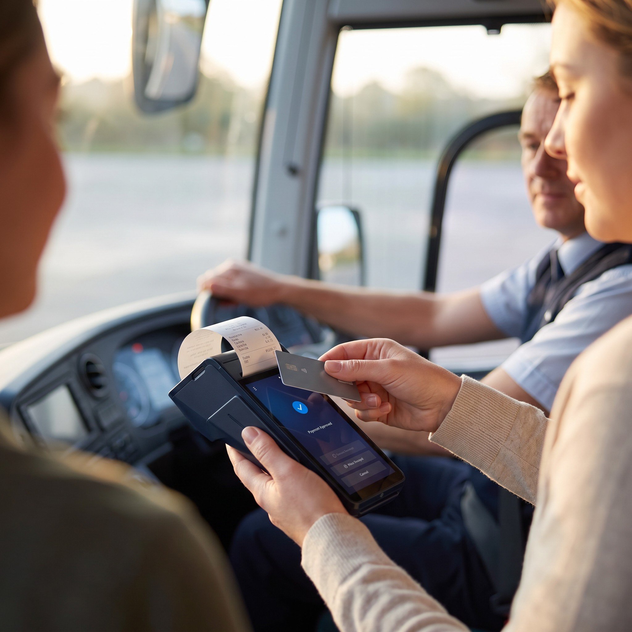 Coach passenger paying by contactless card on an eMenu smart card machine with a printed receipt