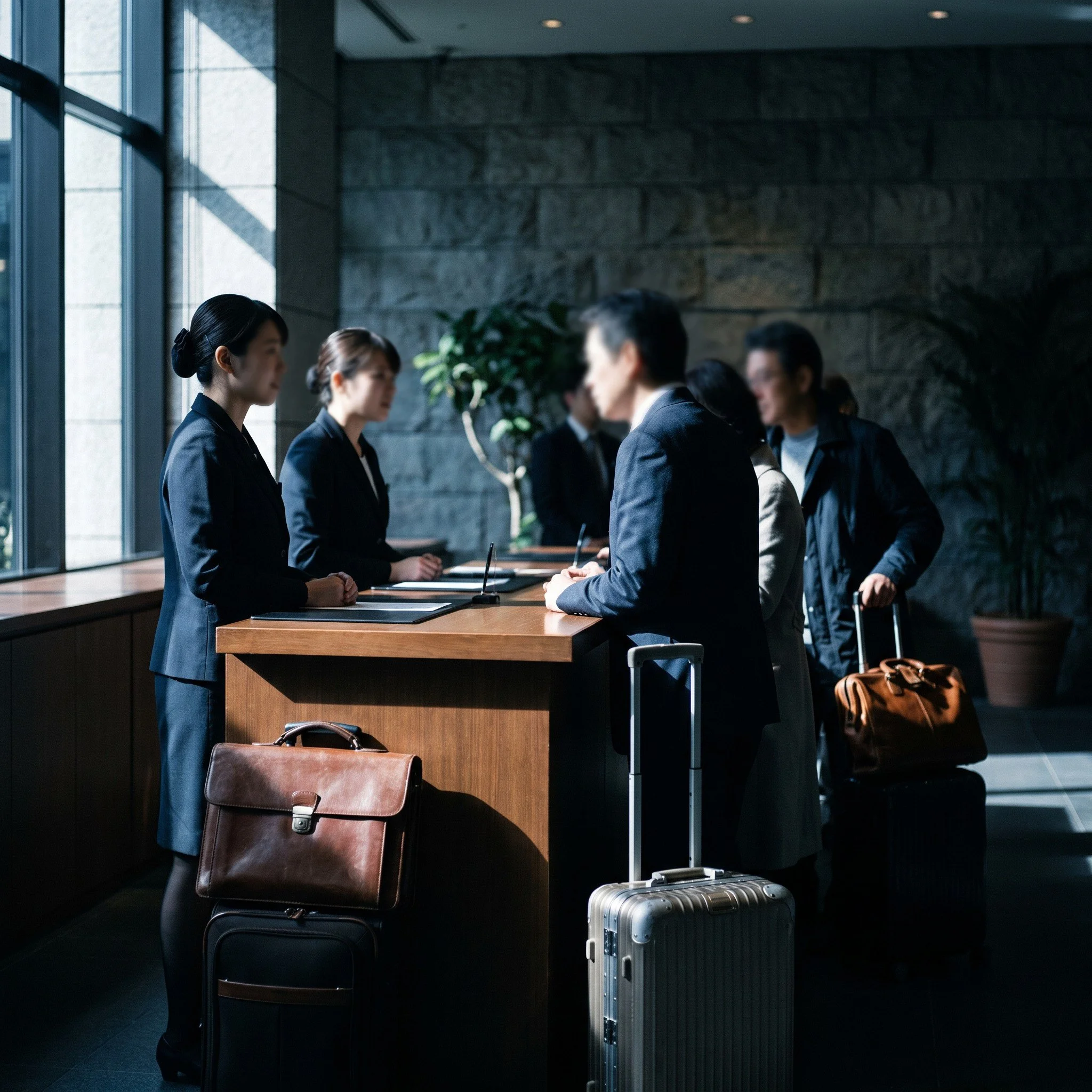 Guests queueing at a busy hotel reception desk