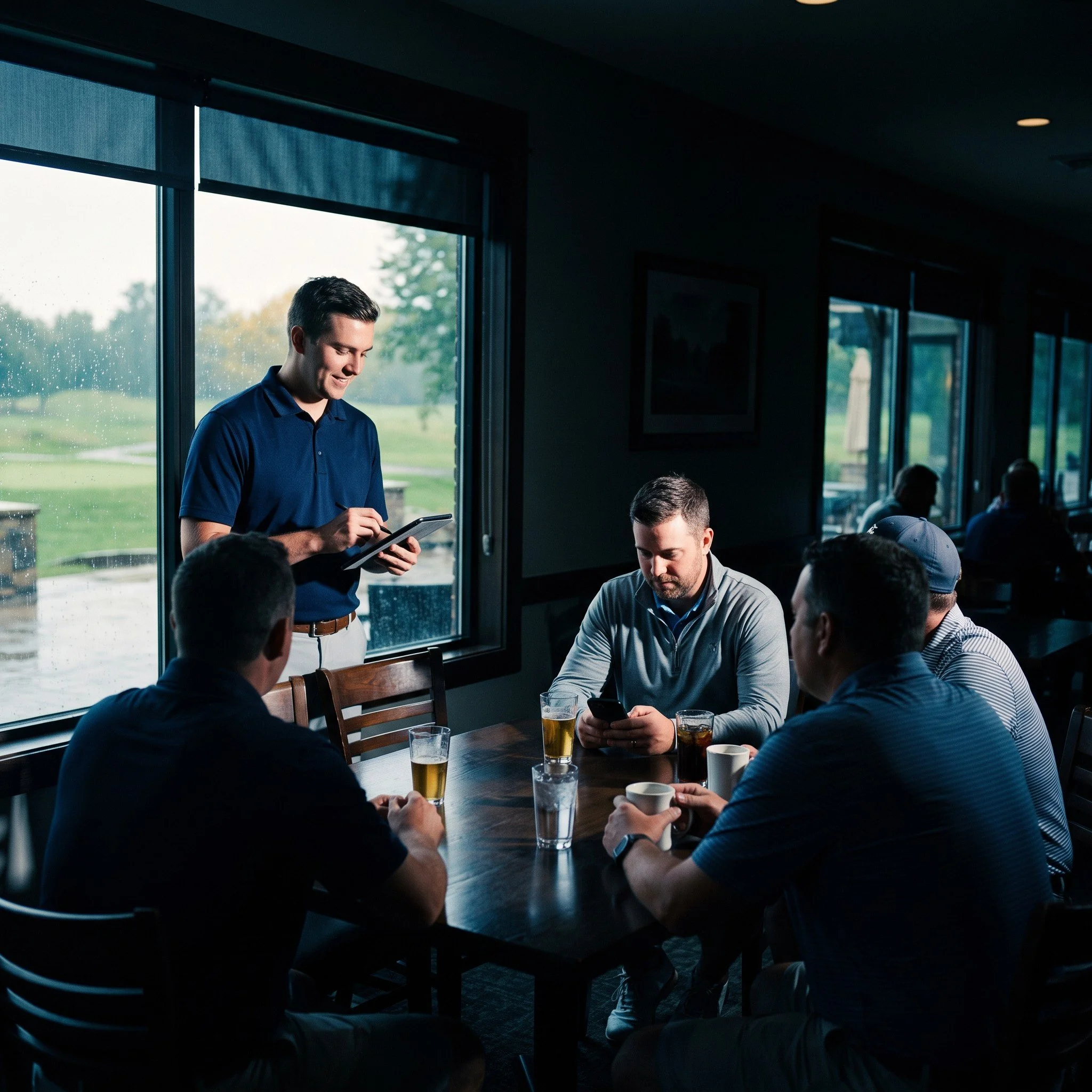 Golf club staff taking a table order on a tablet while a golfer orders on his phone