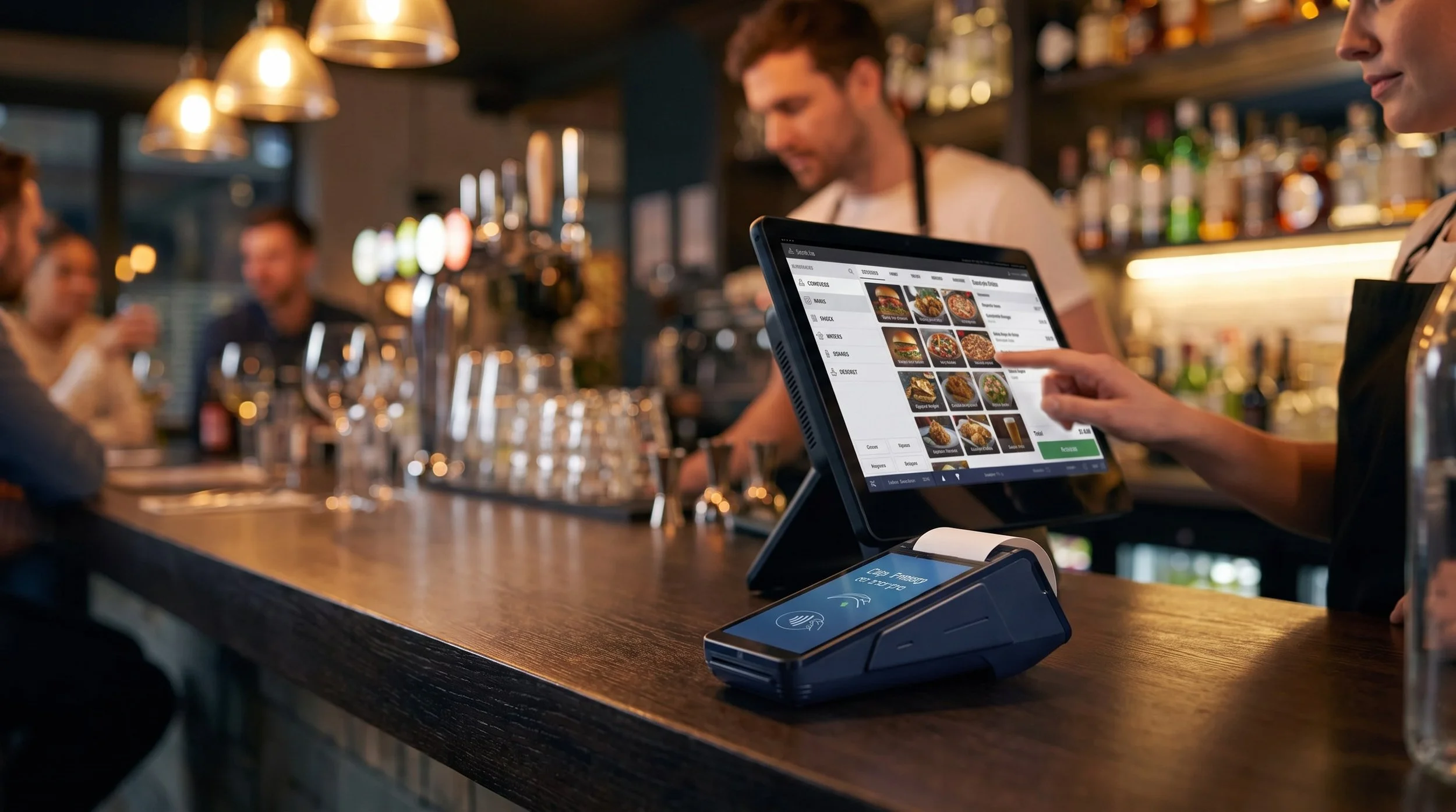 Staff member taking an order on an eMenu ePOS terminal with a smart card machine at a restaurant bar