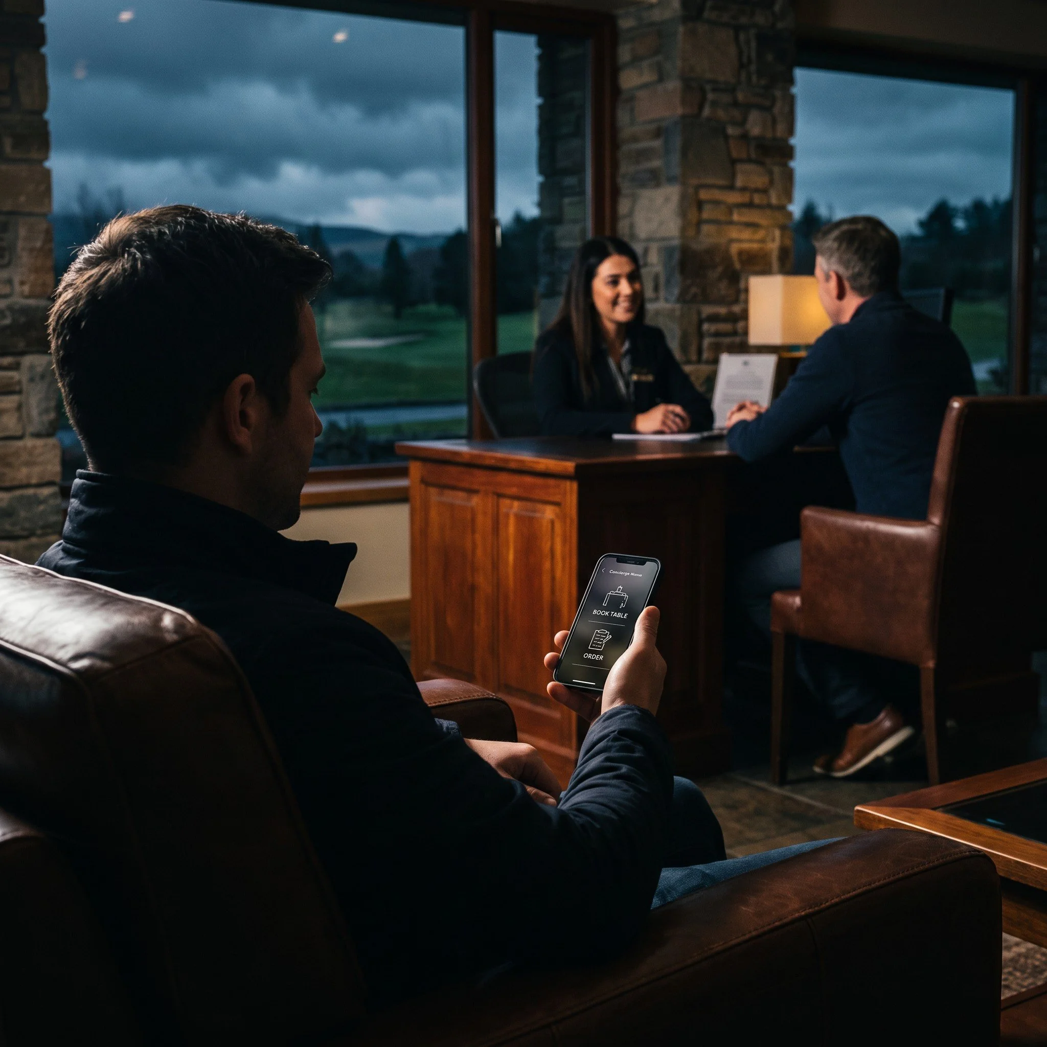Resort guest using eConcierge on a phone while reception staff talk with another guest