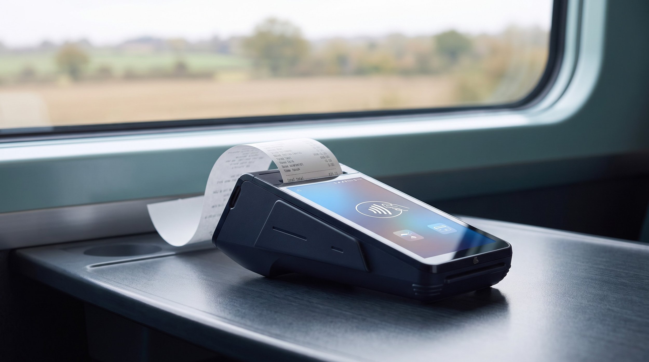 eMenu smart card machine with built in receipt printer on a train table