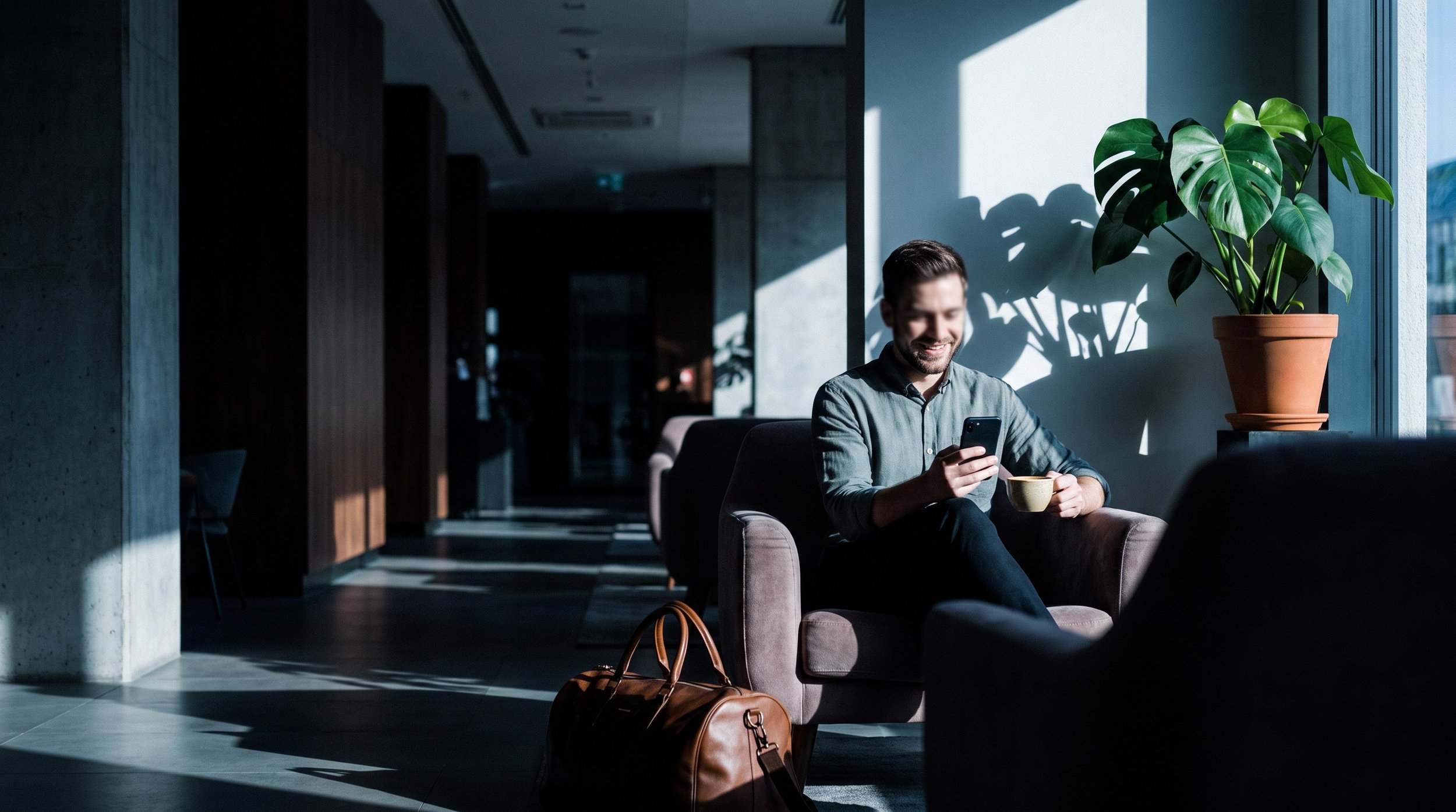 Hotel guest in the lobby reading a personal welcome message on their phone