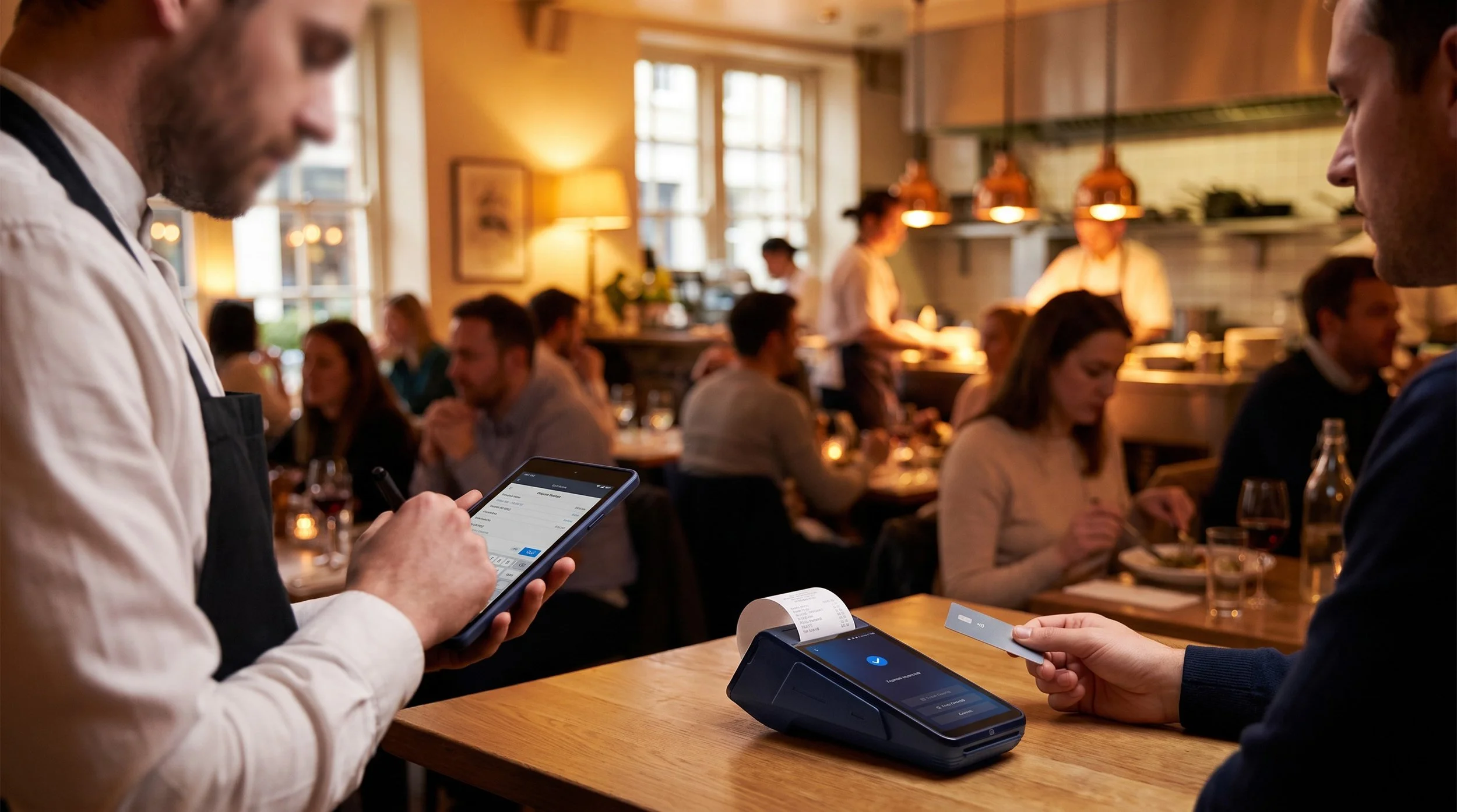 Waiter taking an order on a tablet with an eMenu card machine on the table