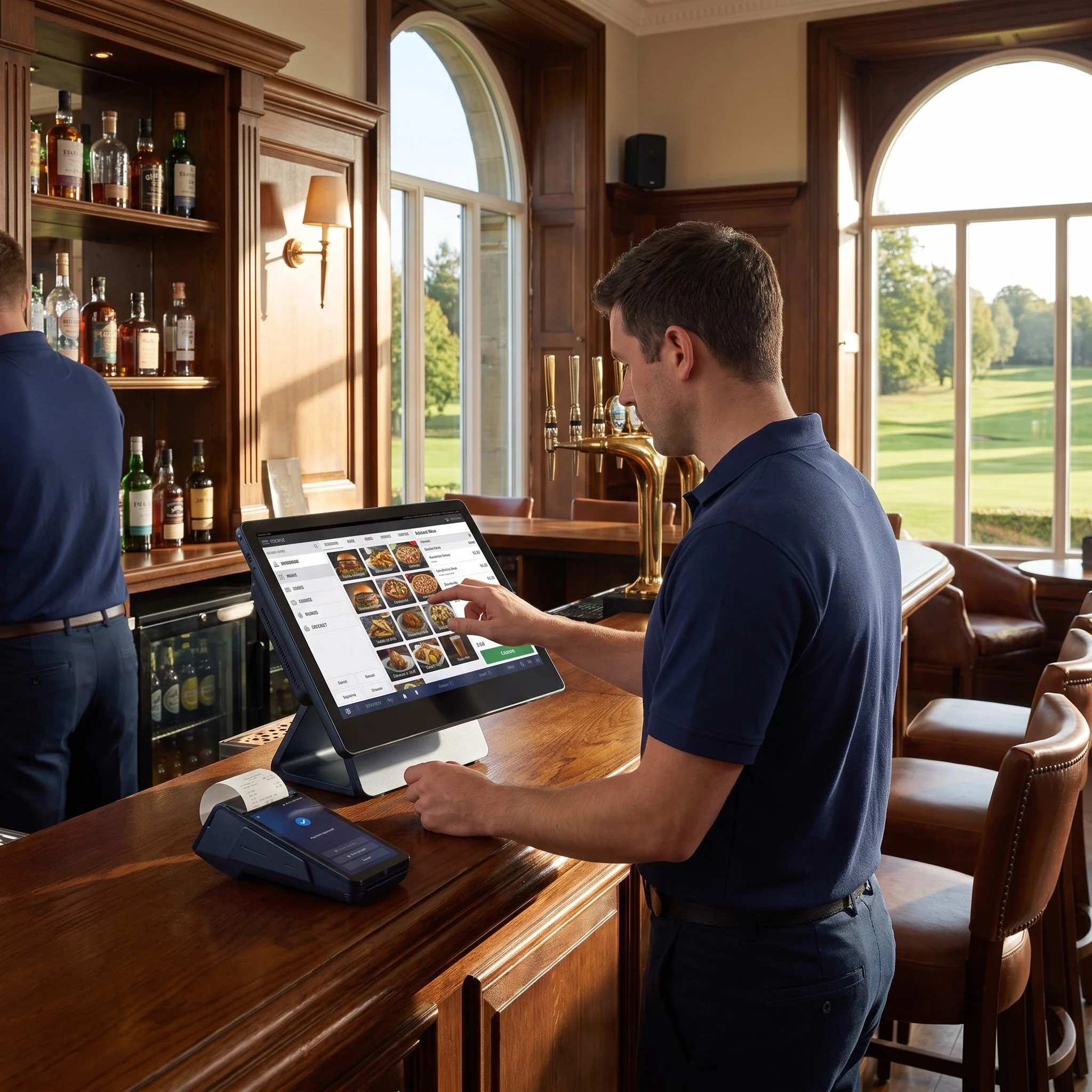 Golf clubhouse bar staff using an eMenu ePOS till and card machine