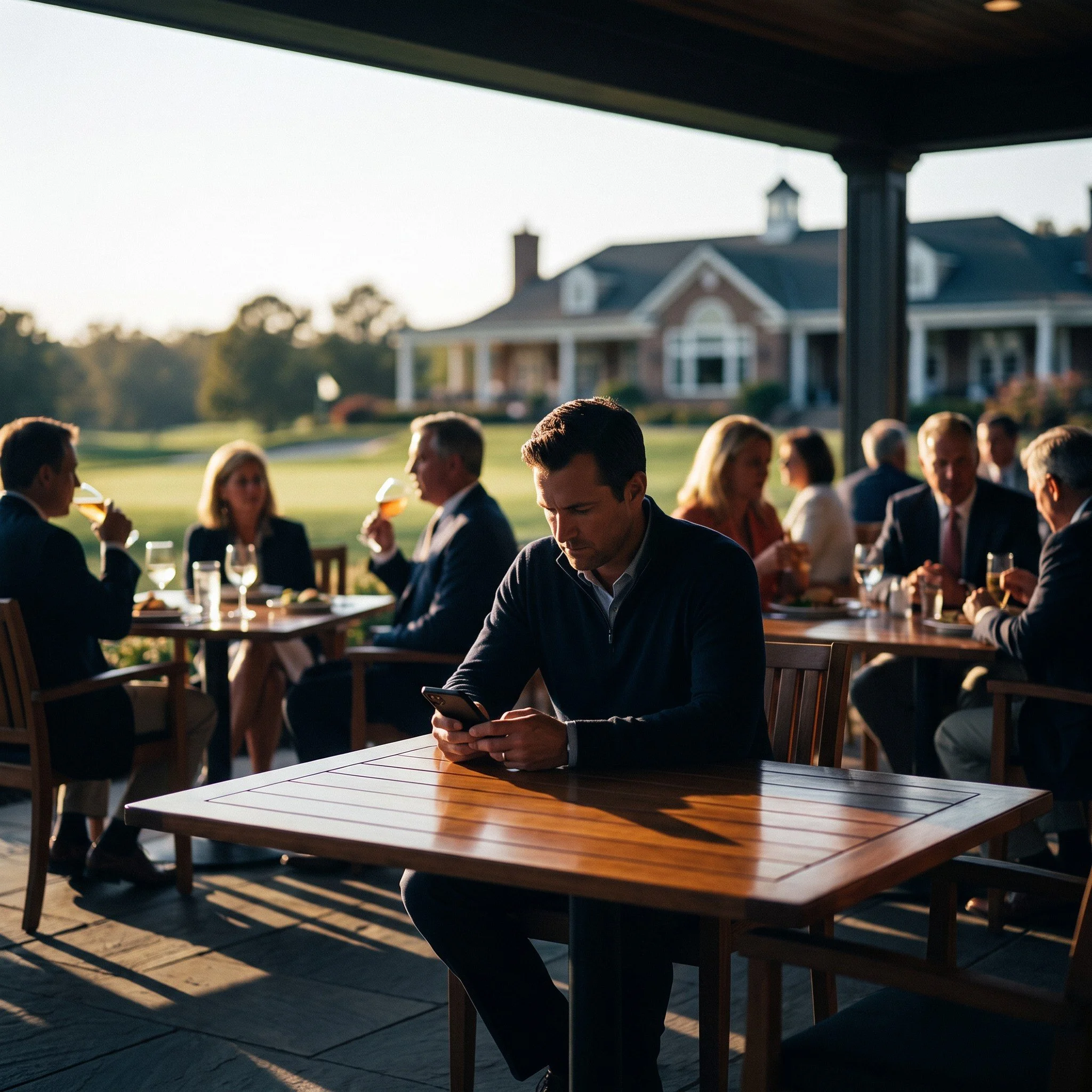 Members and guests dining on a golf clubhouse terrace overlooking the course