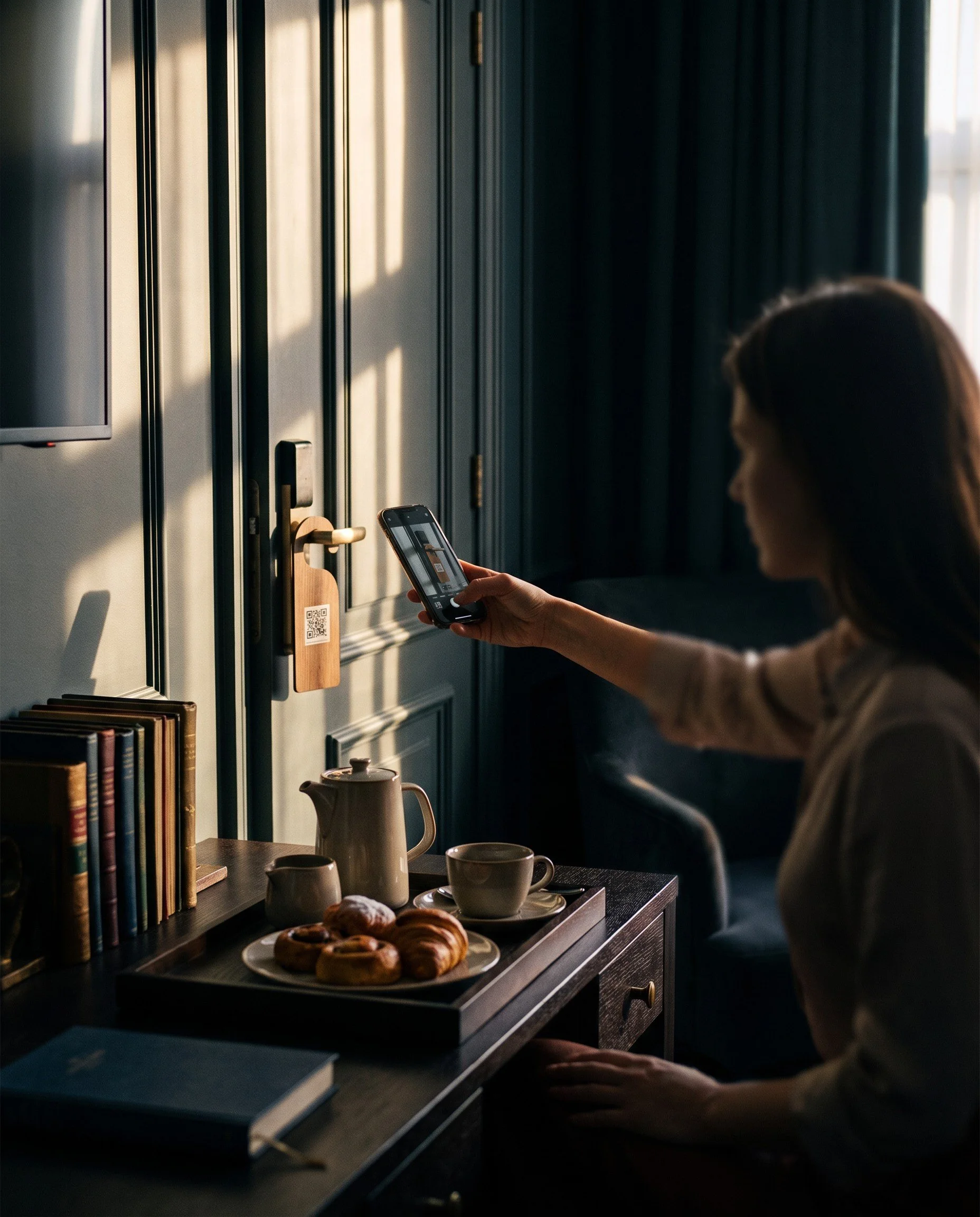 Hotel guest scanning a QR code on a door hanger to order room service