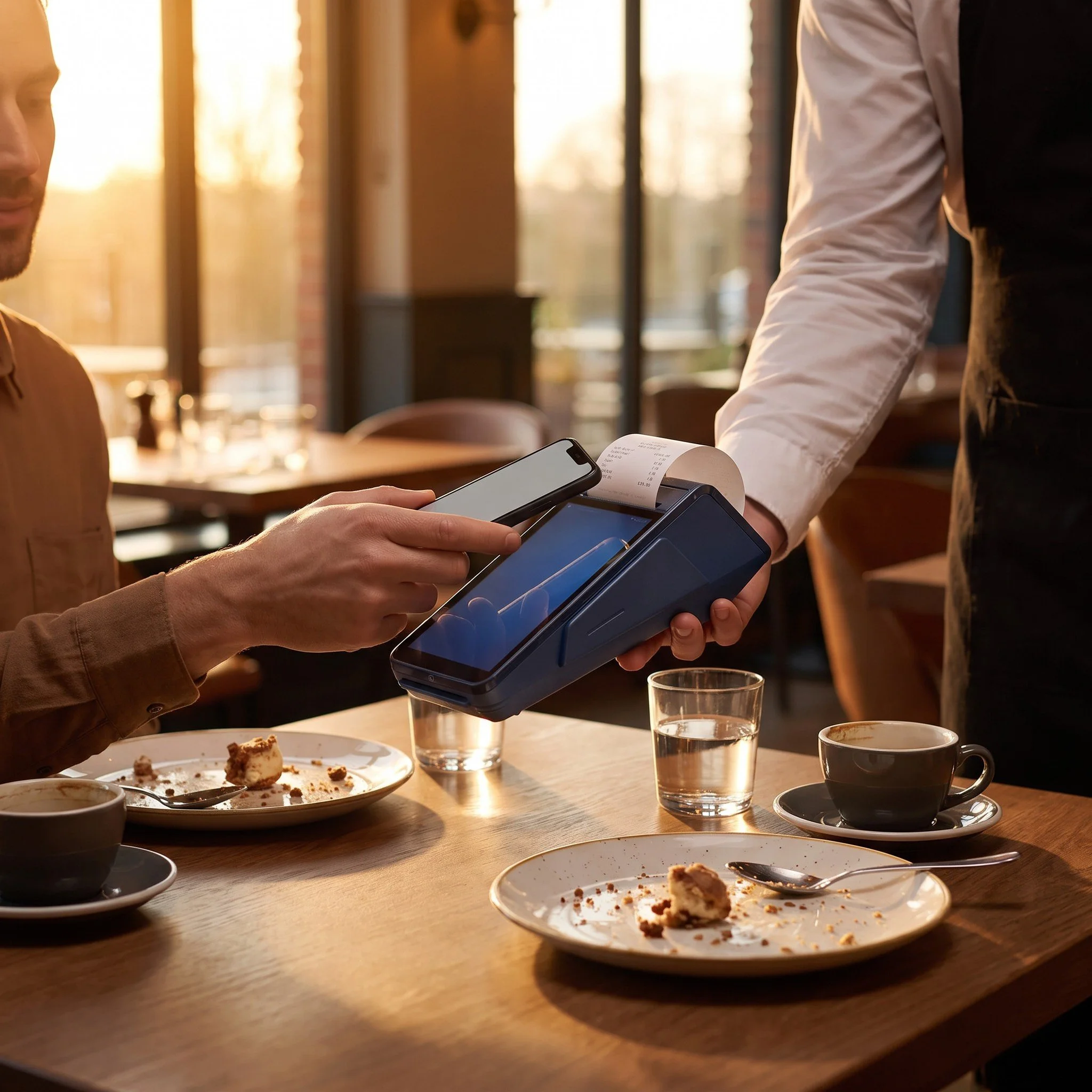 Diner paying by phone on an eMenu smart card machine at the table