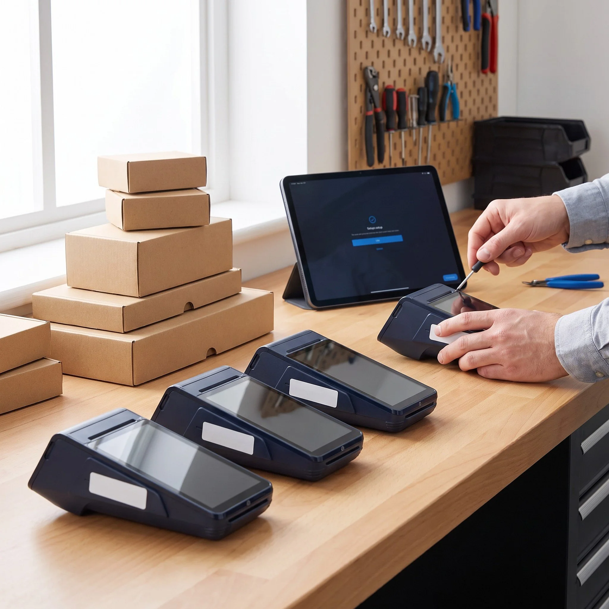 eMenu smart card machines being labelled and configured before delivery