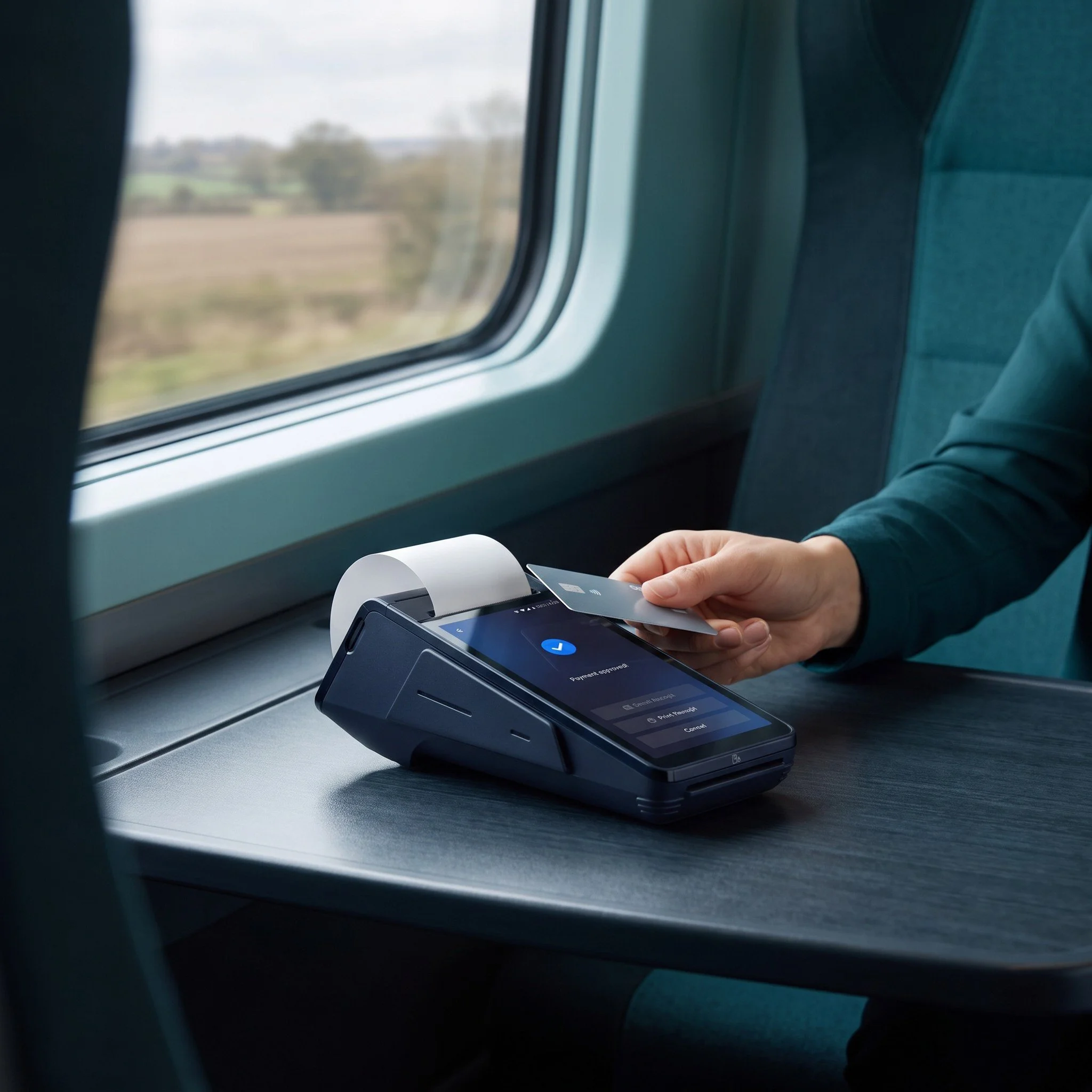 Passenger tapping a contactless card on an eMenu smart card machine on a train table