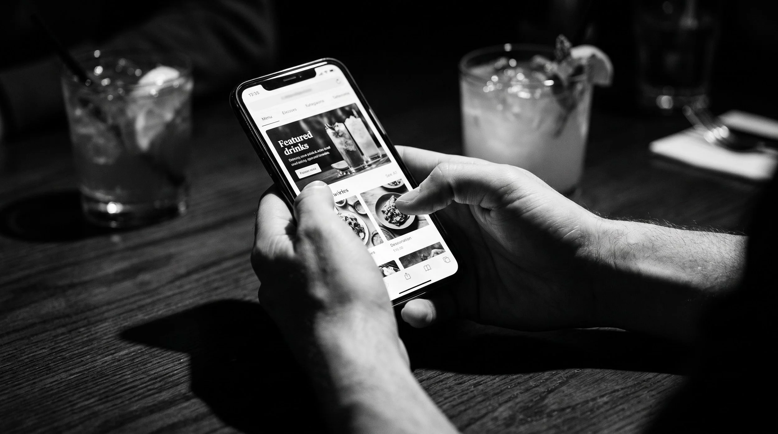 Digital menu on a phone showing a featured drinks banner