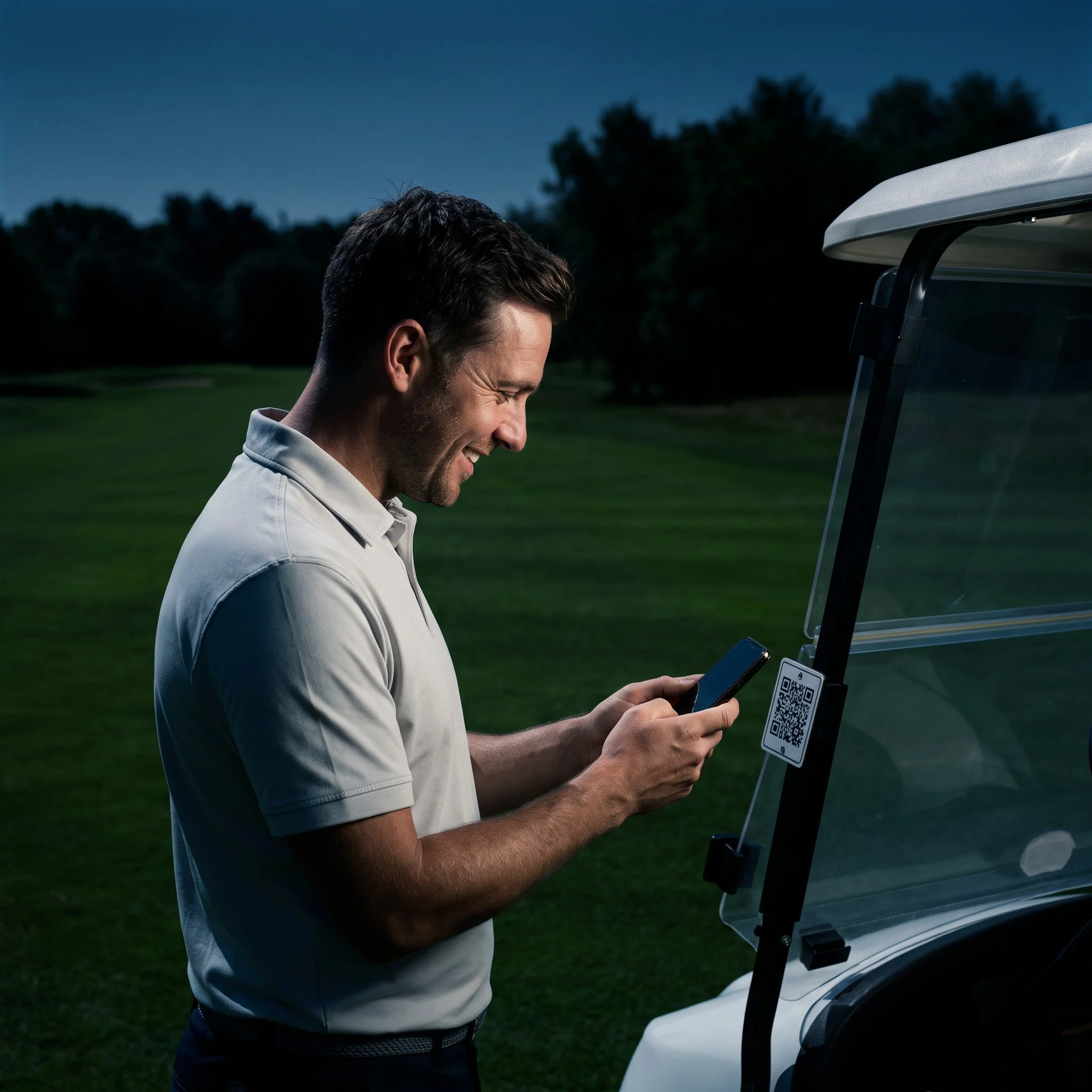 Golfer scanning a QR code on a golf buggy to order food and drinks