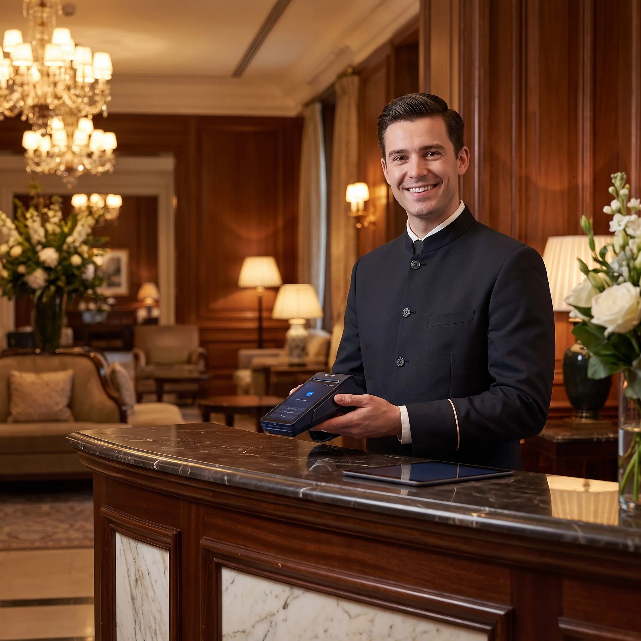 Hotel concierge holding an eMenu smart card machine at reception
