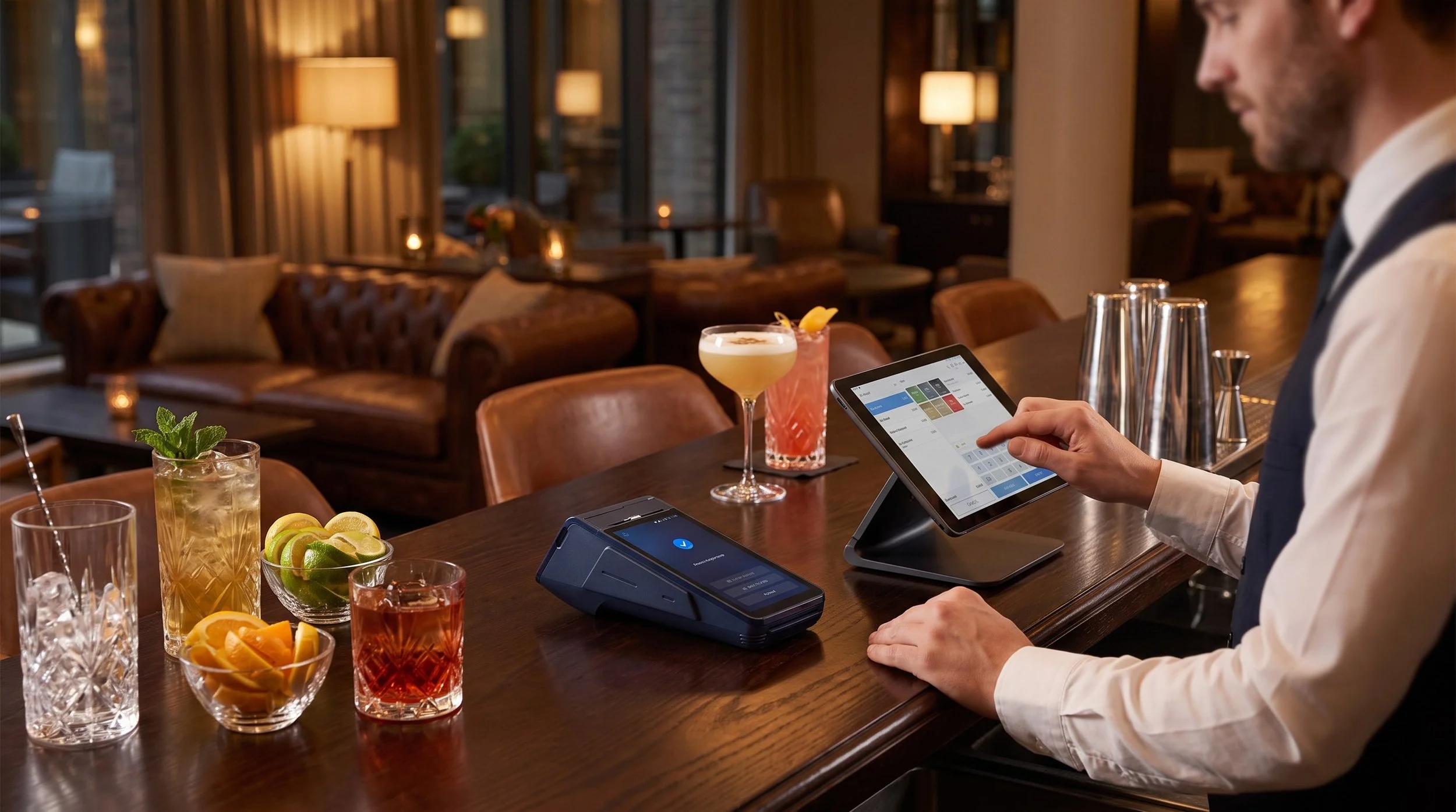 Bartender using eMenu ePOS on a tablet with a smart card machine at a hotel bar