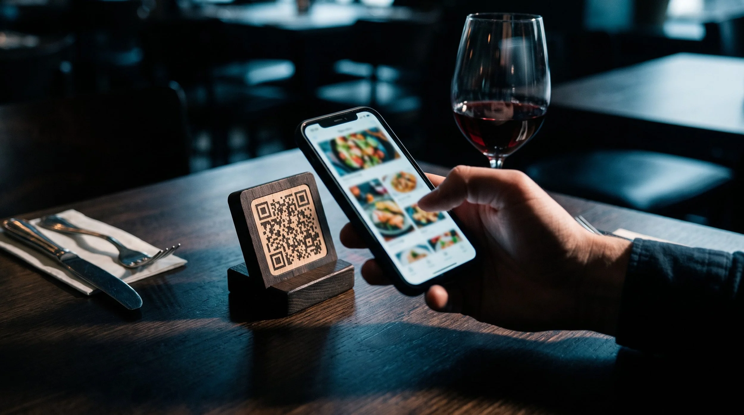 Diner scanning a QR code table stand to open the menu on their phone