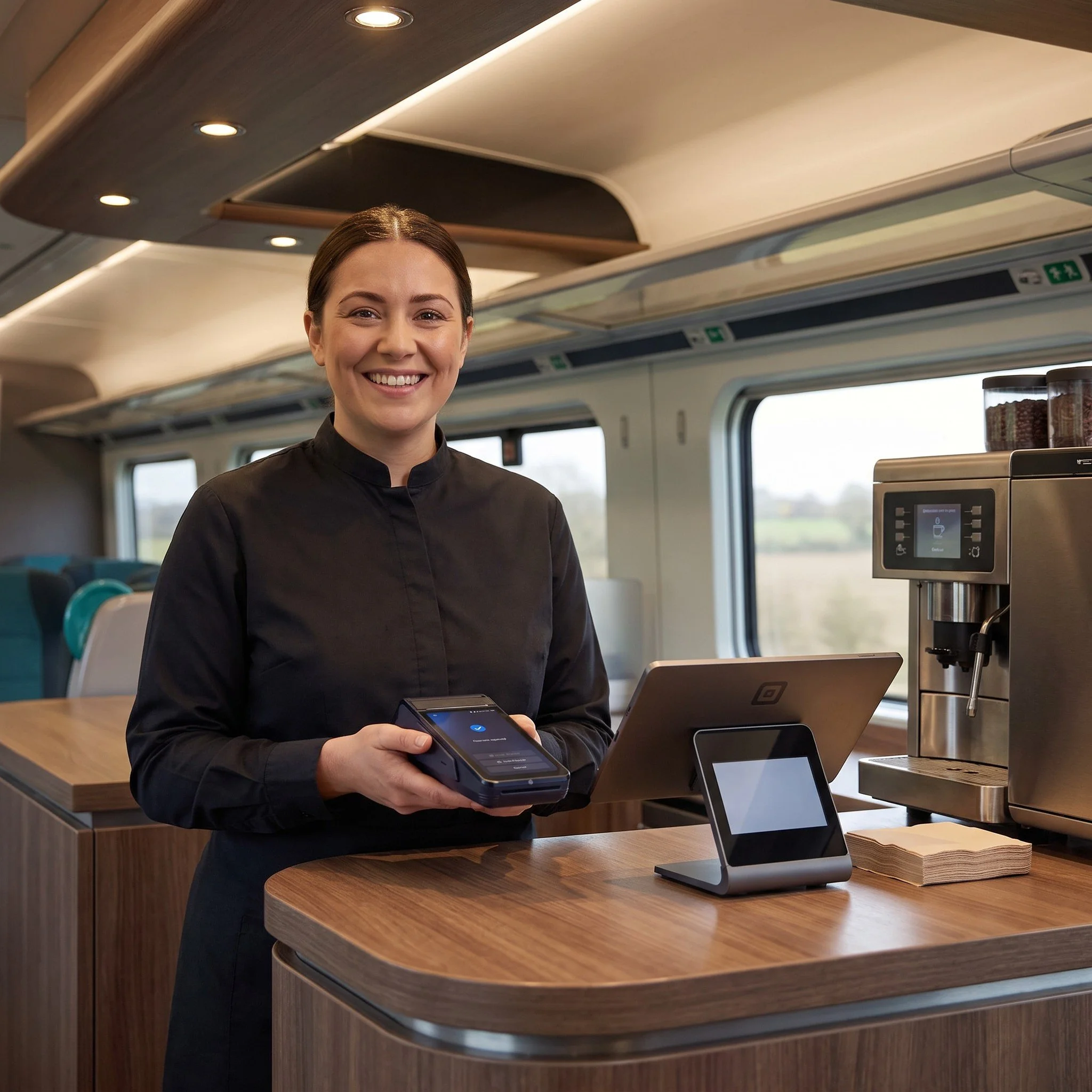 Onboard catering crew member holding an eMenu smart card machine at a train buffet counter