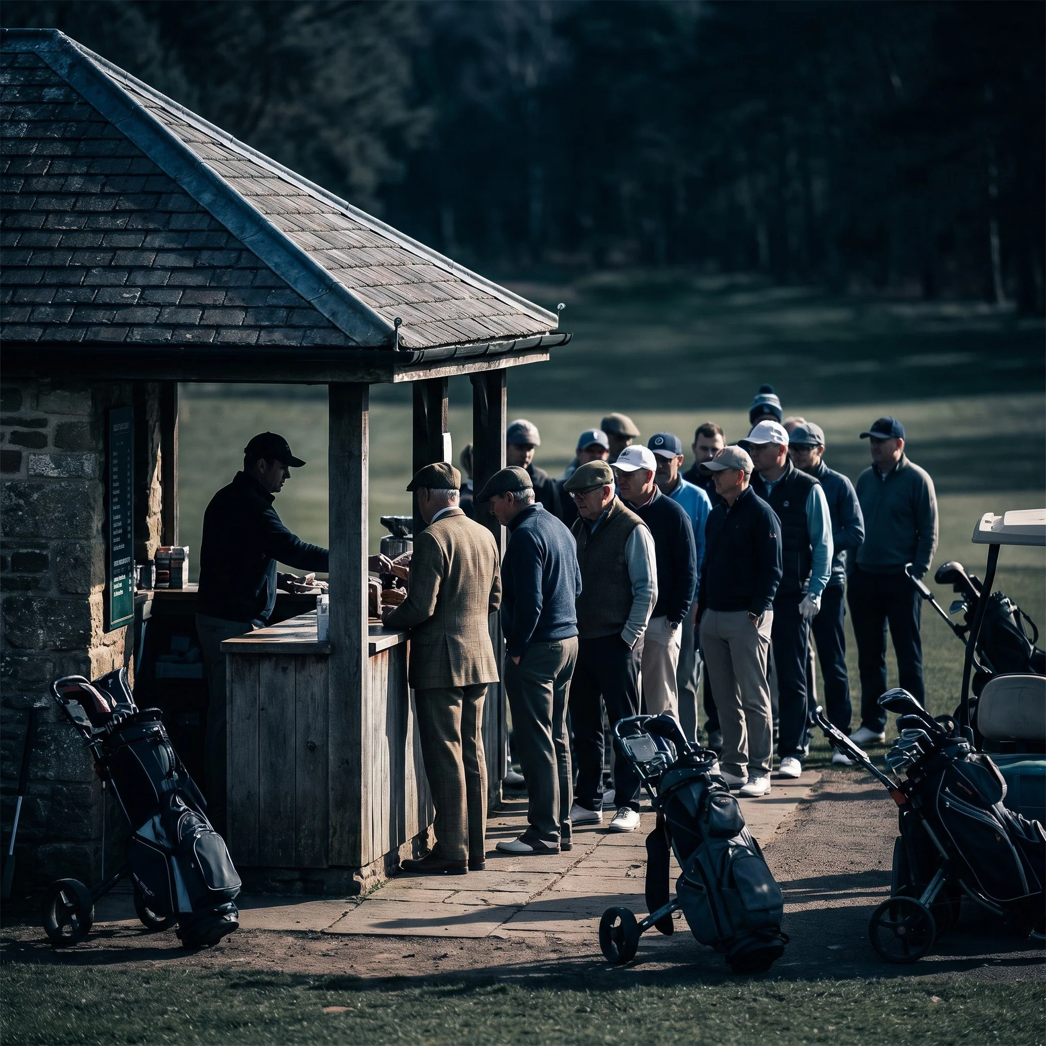 Queue of golfers waiting for food and drink at the half way house