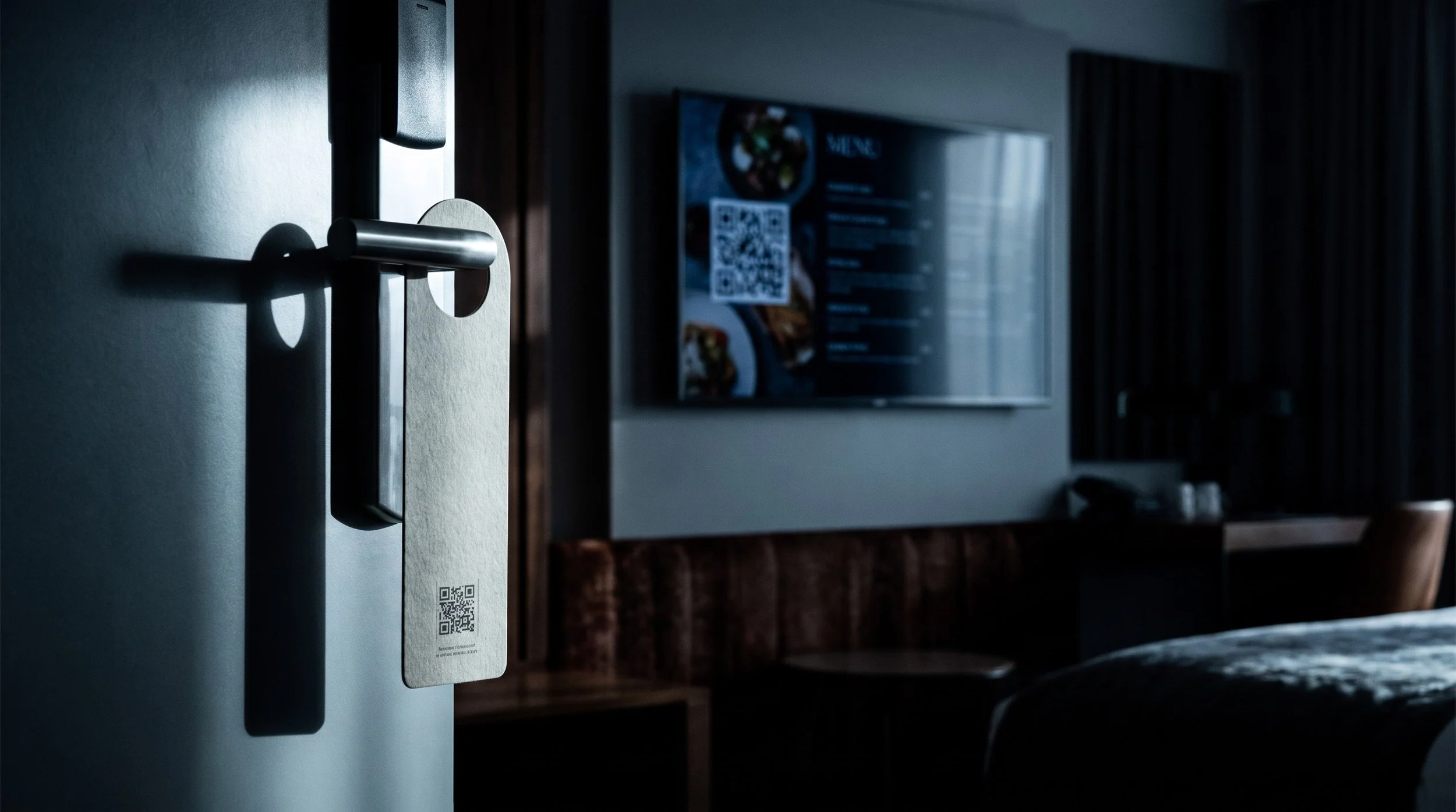 QR code door hanger and TV menu in a hotel room