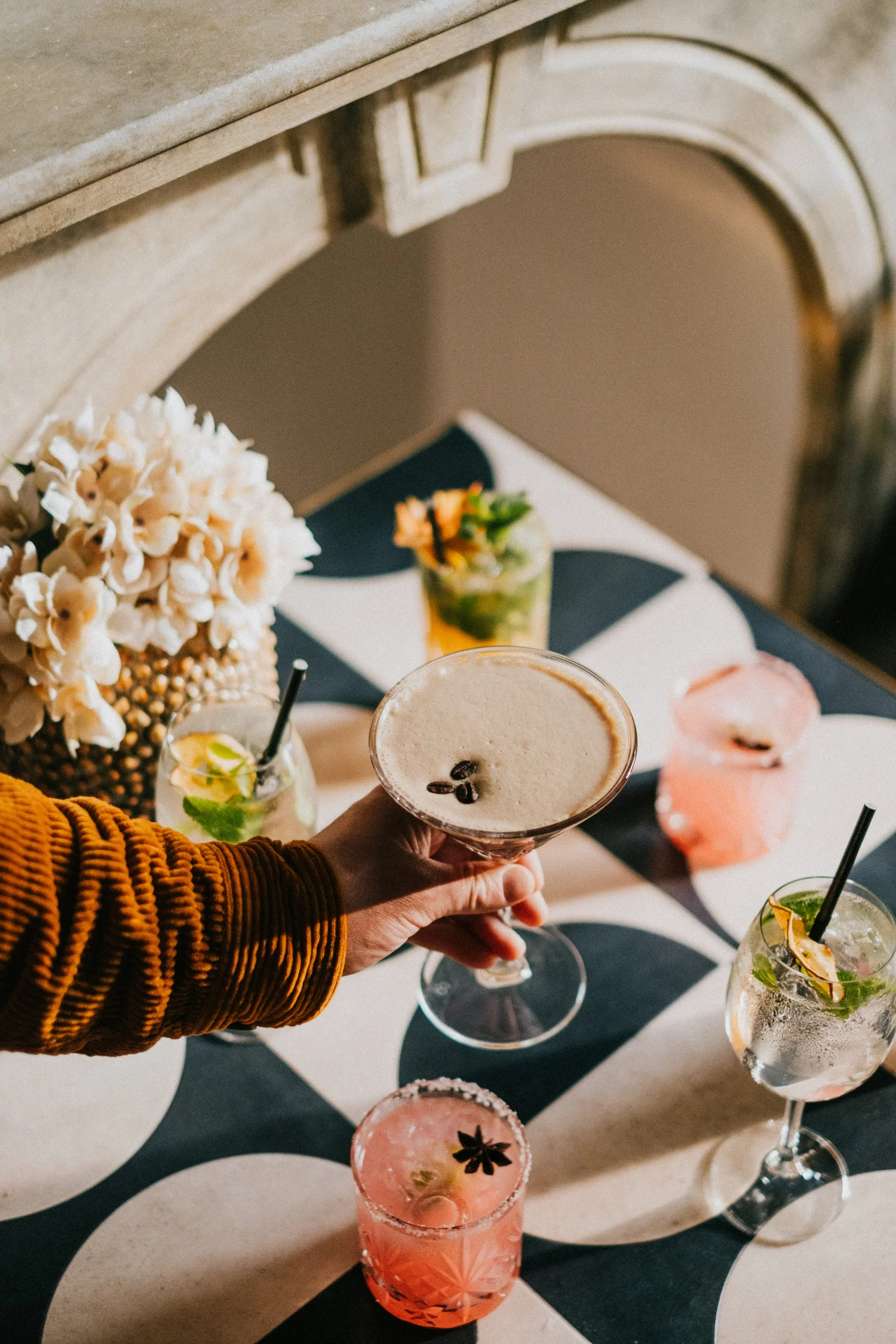 Cocktails on the patterned table at RT Café Grill
