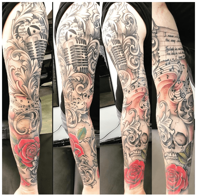  Black and grey sleeve tattoo, music tattoo, microphone tattoo, skull tattoo, sleeve tattoo,  #blackandgrey #londontattooers #art #london #customtattoo #tattooart #custom #tattoo #ink #tattooer #london #tattoo #tattoos #londontattoo, south croydon, e
